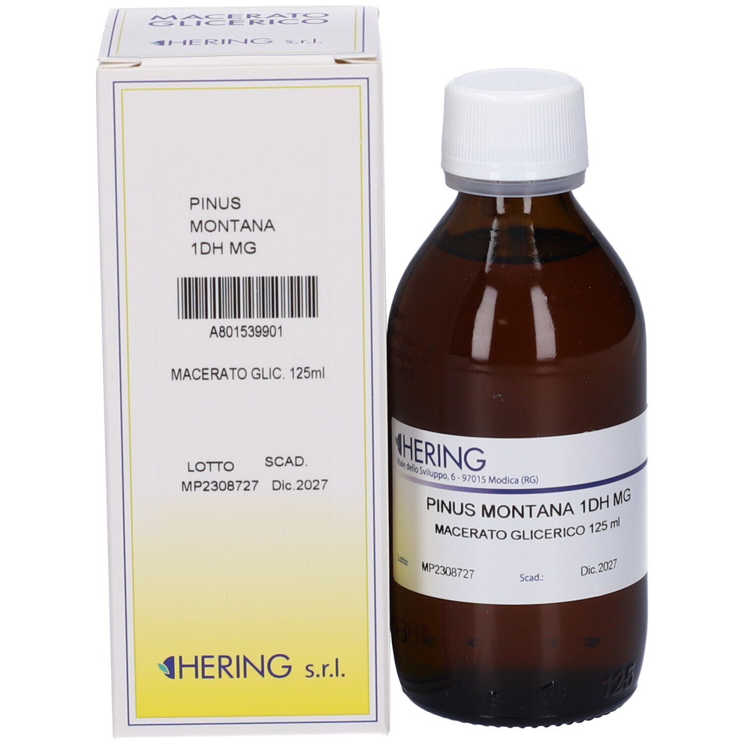 Flacone di vetro marrone con tappo bianco e scatola. Nome del prodotto e produttore sull'etichetta e sulla scatola.