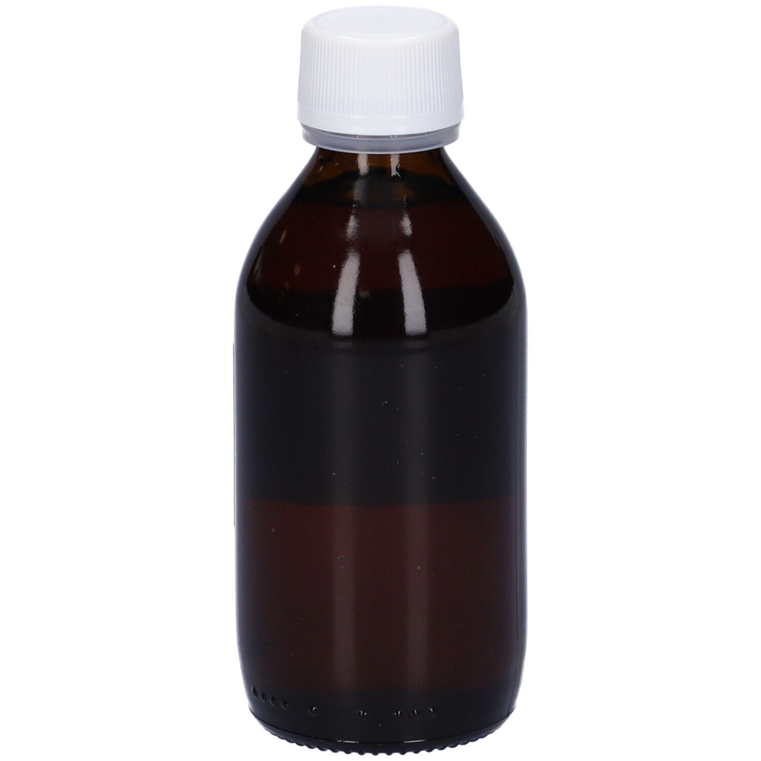 Flacone di vetro marrone con tappo bianco. Nessun dettaglio dell'etichetta visibile.