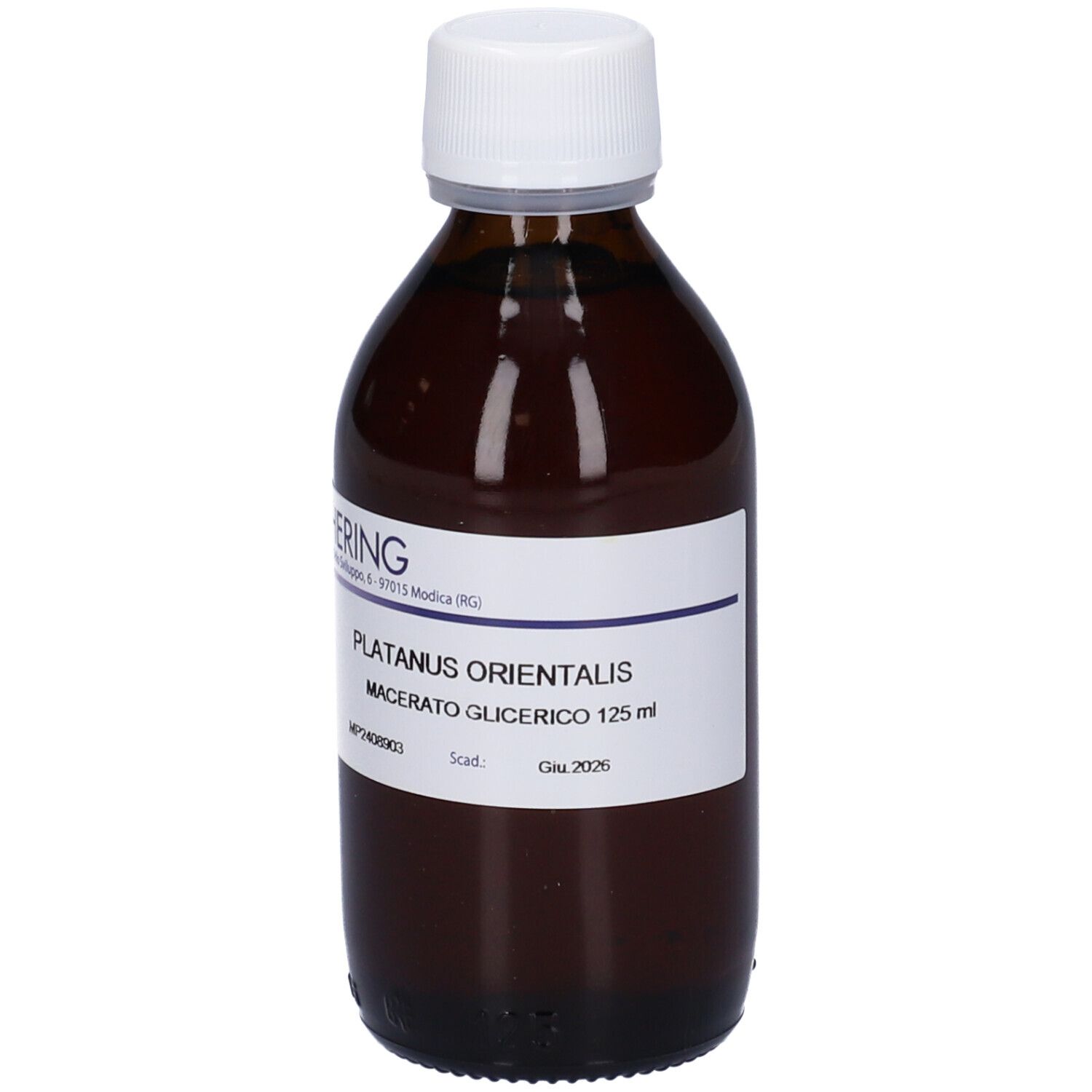 Flacone di vetro marrone con tappo bianco ed etichetta. Scritta: HERING, Platanus Orientalis, Macerato Glicerico.