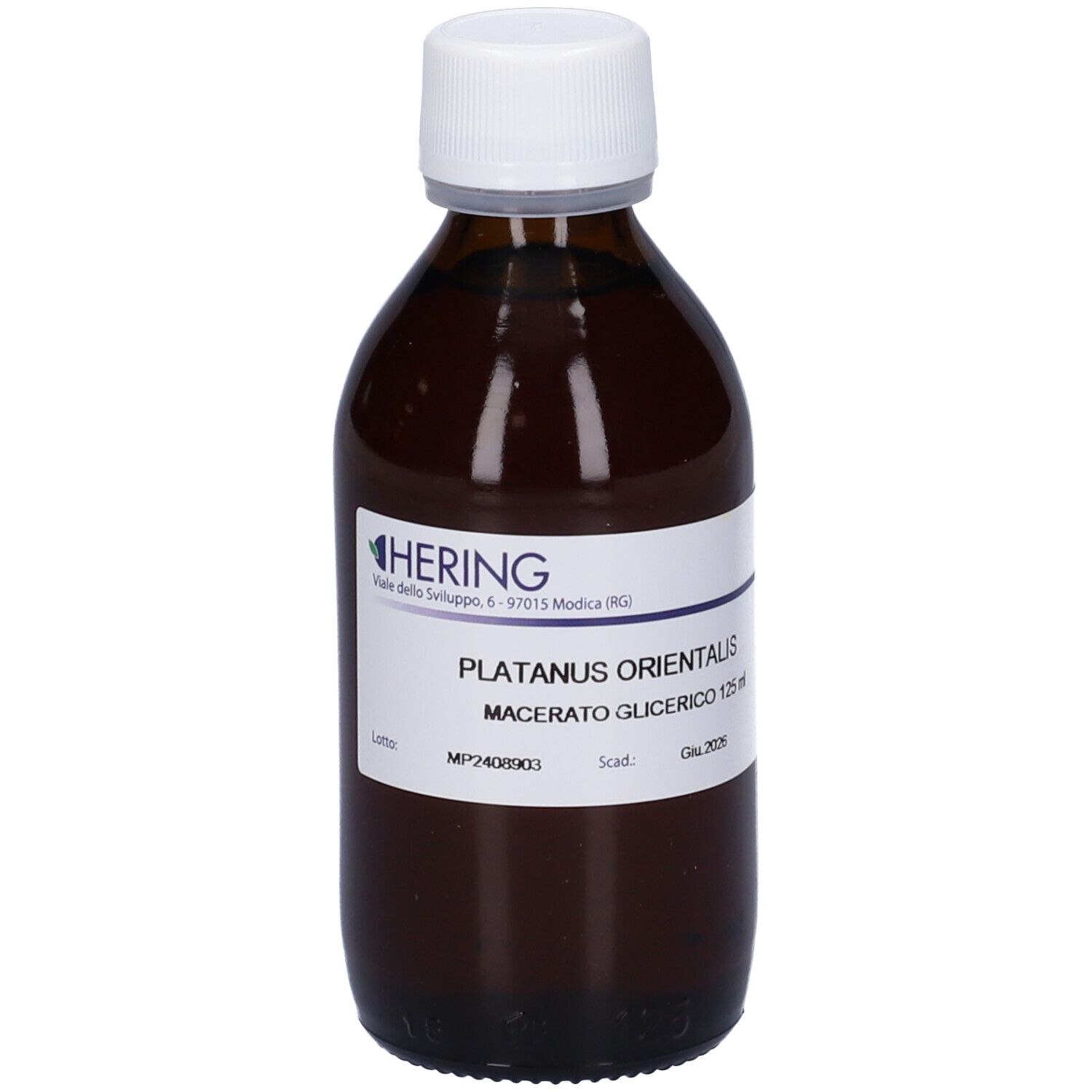 Flacone di vetro marrone con tappo bianco ed etichetta. Scritta: HERING, Platanus Orientalis, Macerato Glicerico.