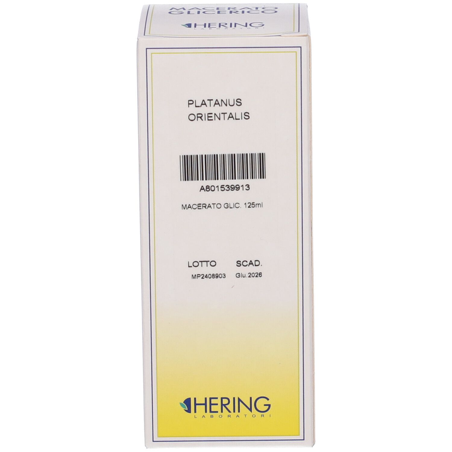 Confezione. Bianca con sfumatura gialla. Scritta: Platanus Orientalis, Macerato Glic.