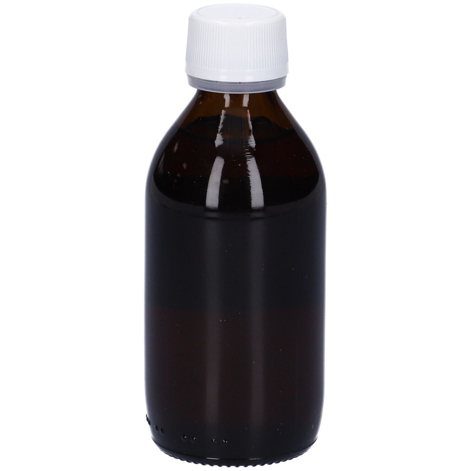 Flacone di vetro marrone con tappo bianco. Nessuna etichetta visibile. Flacone su sfondo chiaro.