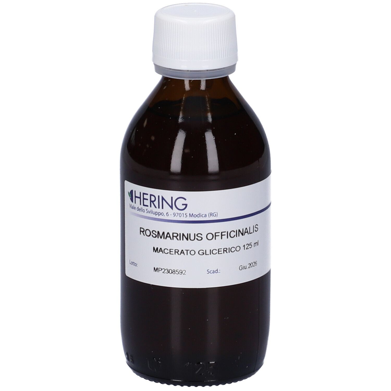 Flacone di vetro marrone con tappo bianco. Etichetta con nome del prodotto e produttore. Flacone su sfondo chiaro.