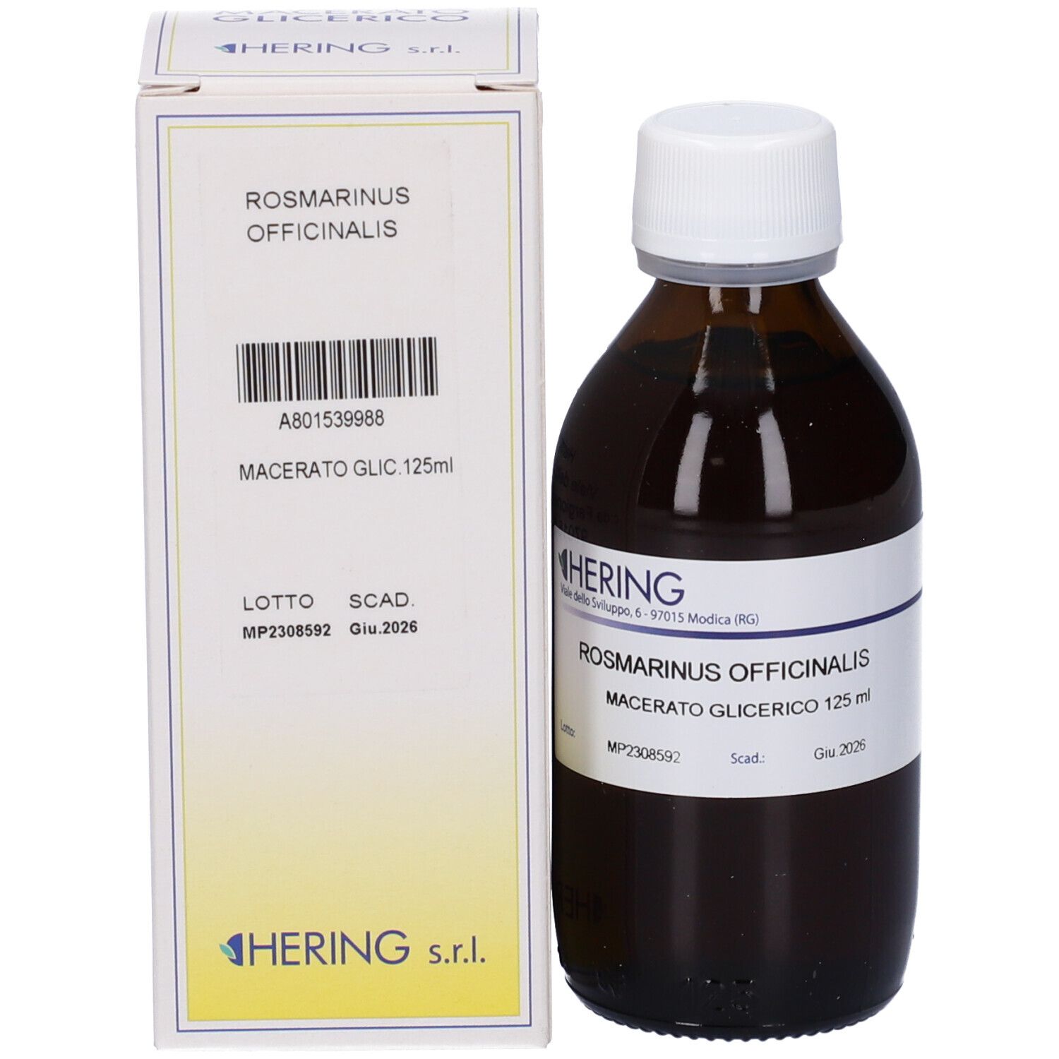 Flacone di vetro marrone con tappo bianco e scatola. Scatola con nome del prodotto. Flacone e scatola su sfondo chiaro.