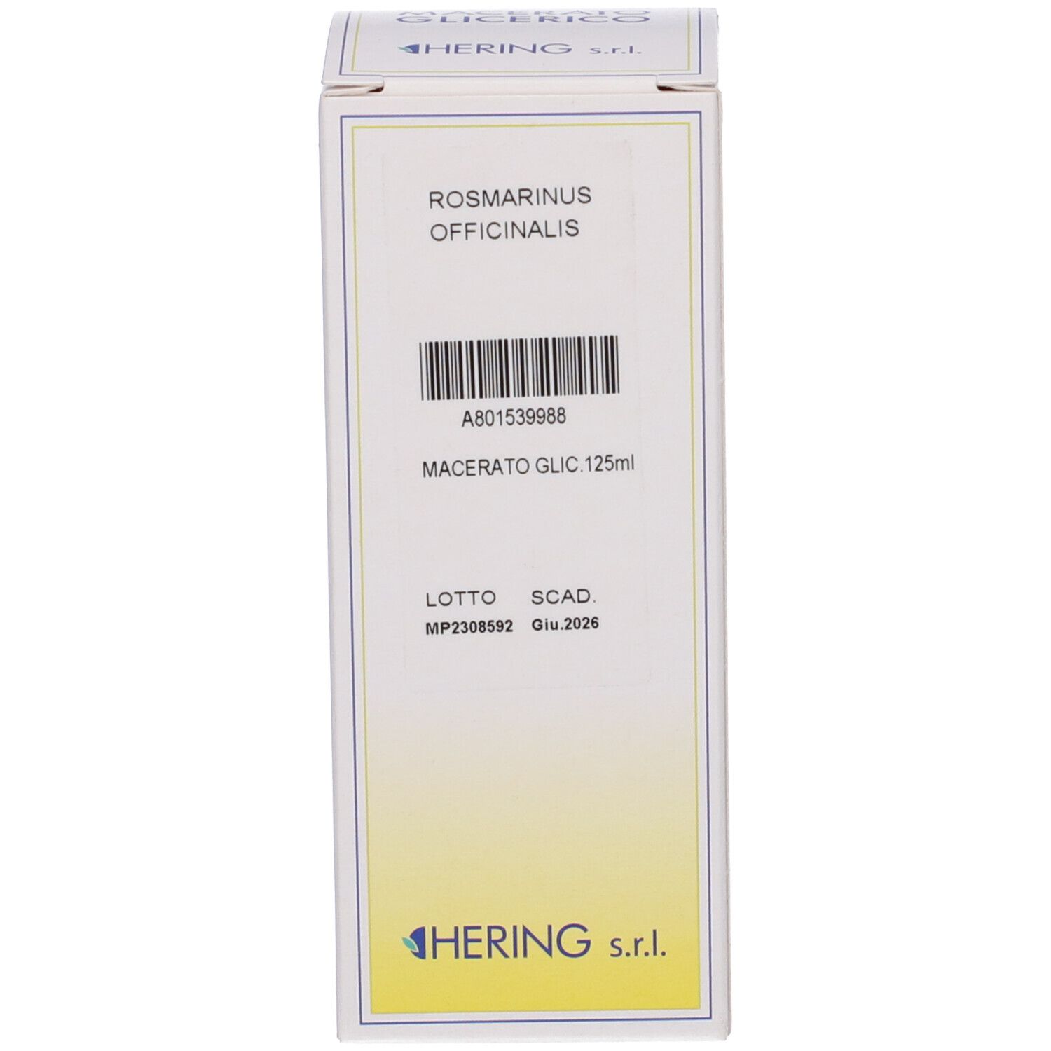 Scatola bianca con nome del prodotto e produttore. Codice a barre e altre informazioni. Su sfondo chiaro.