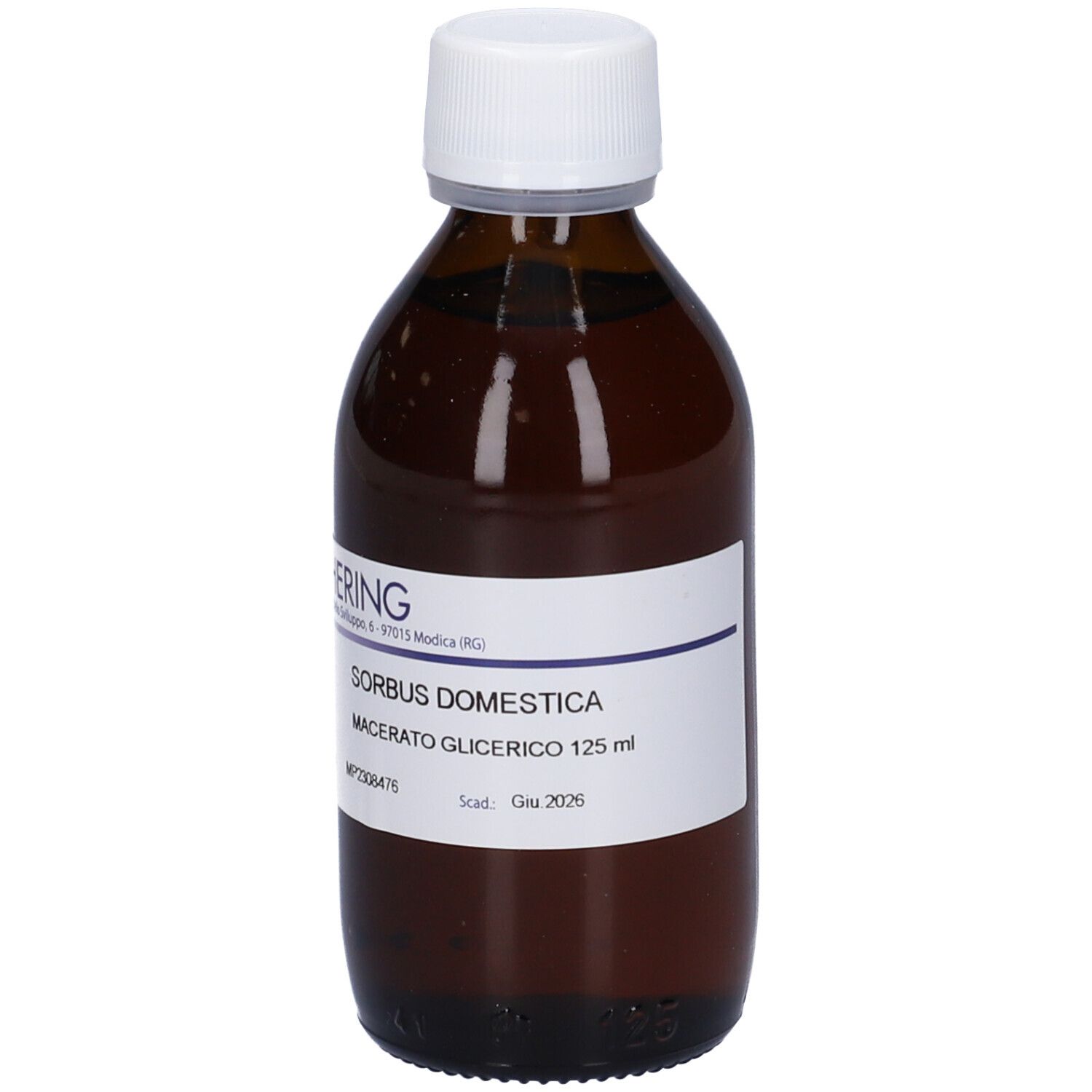 Flacone di vetro marrone con tappo bianco ed etichetta. L'etichetta riporta "HERING" e "SORBUS DOMESTICA".