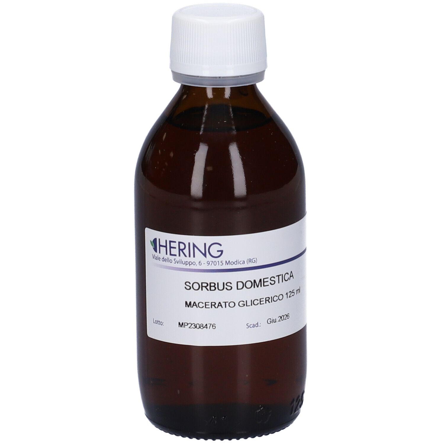 Flacone di vetro marrone con tappo bianco ed etichetta. L'etichetta riporta "HERING" e "SORBUS DOMESTICA".