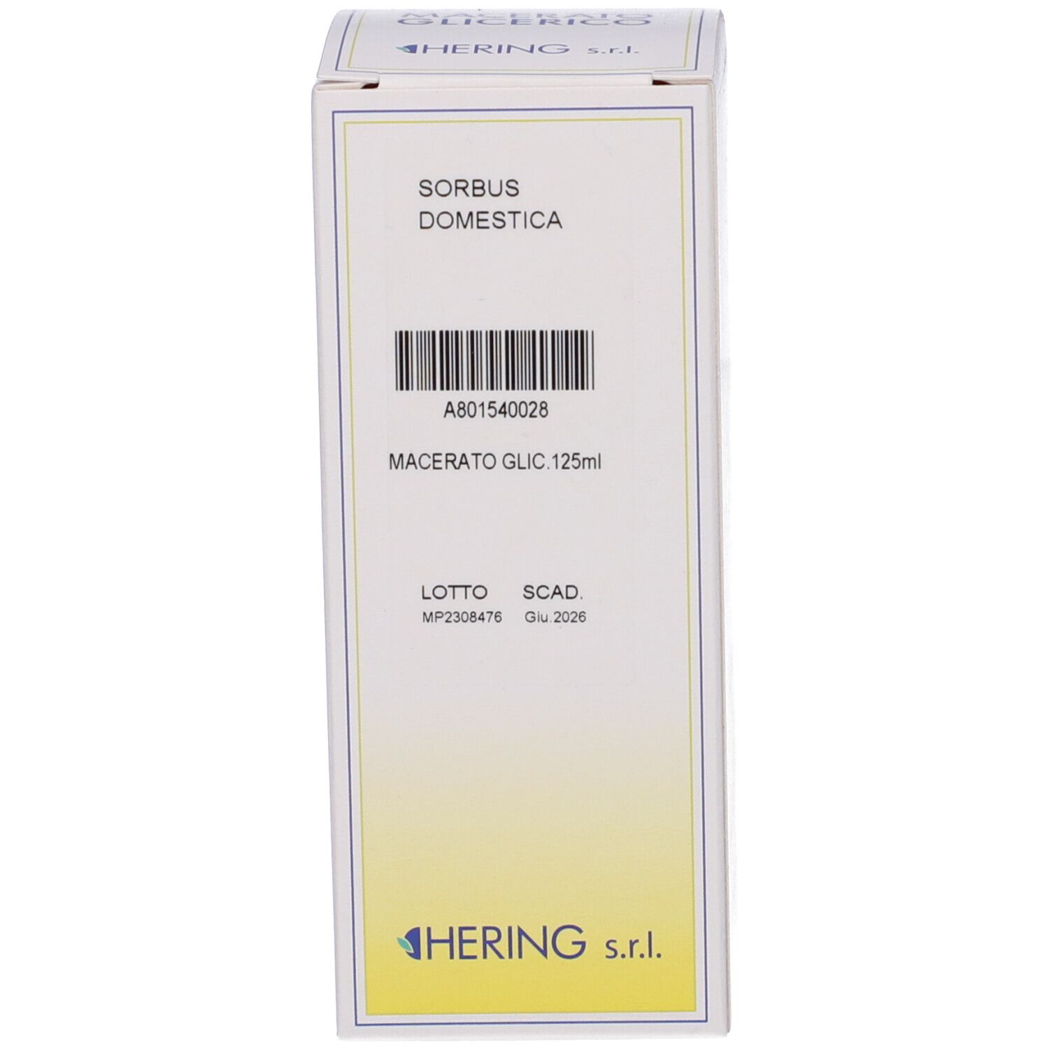 Scatola bianca con testo. La scatola riporta "SORBUS DOMESTICA" e "HERING".