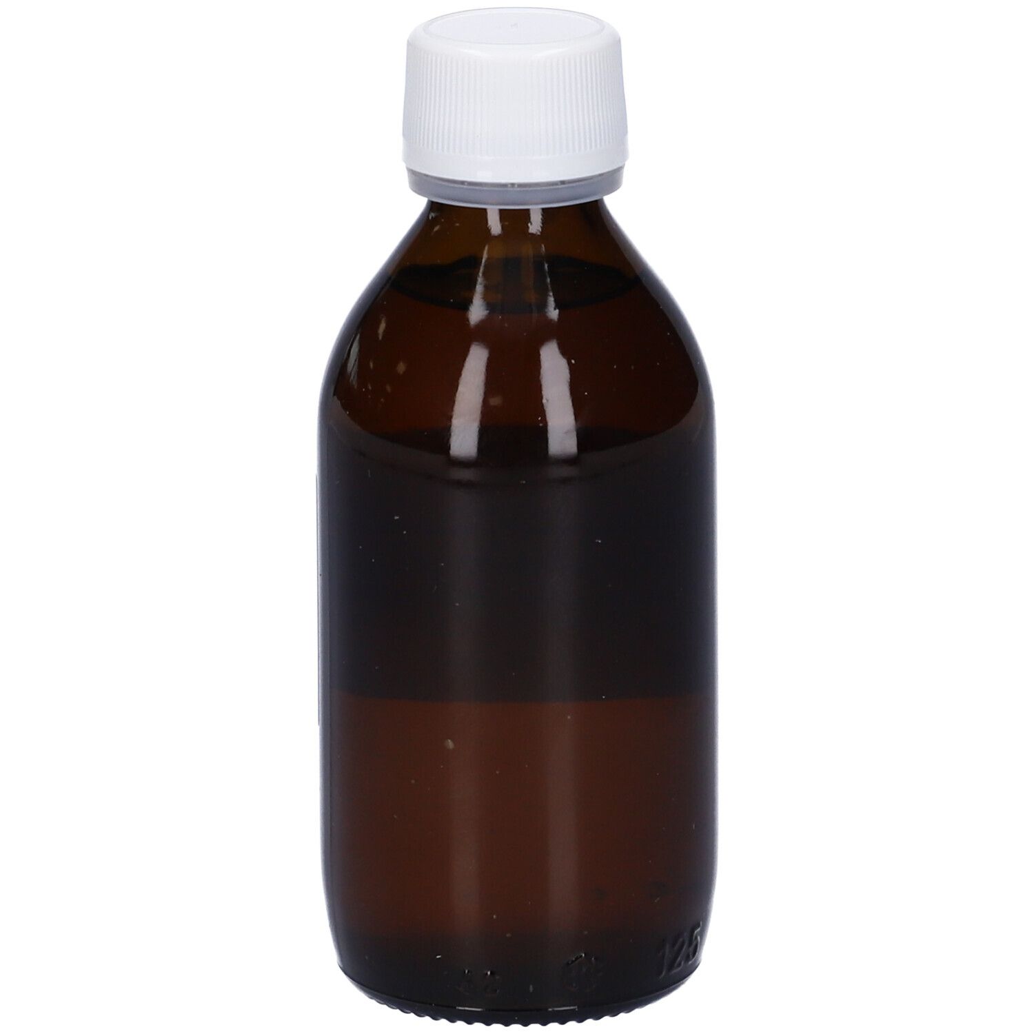 Flacone di vetro marrone con tappo bianco. Nessuna informazione sull'etichetta visibile.