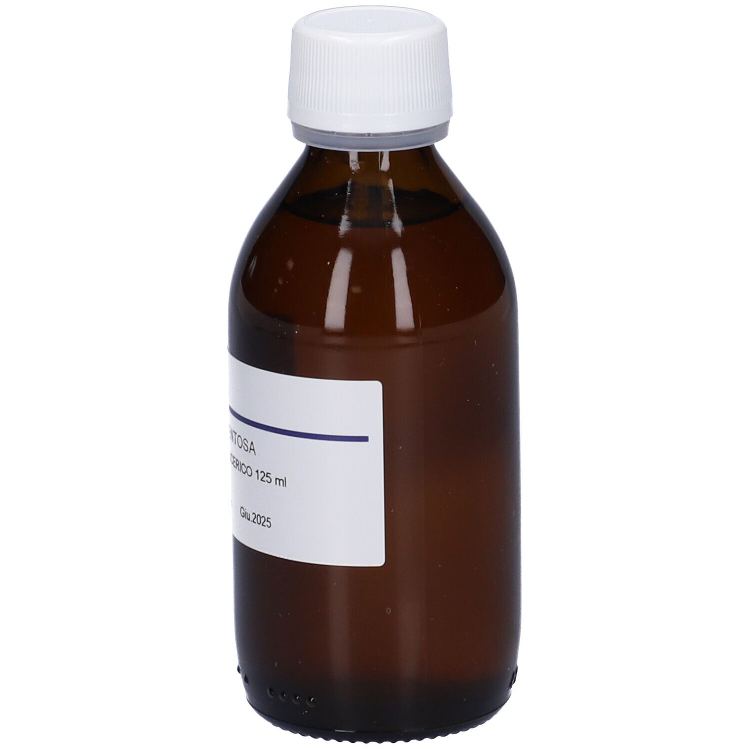 Flacone di vetro marrone con tappo bianco. Etichetta con informazioni sul prodotto. Logo HERING visibile.