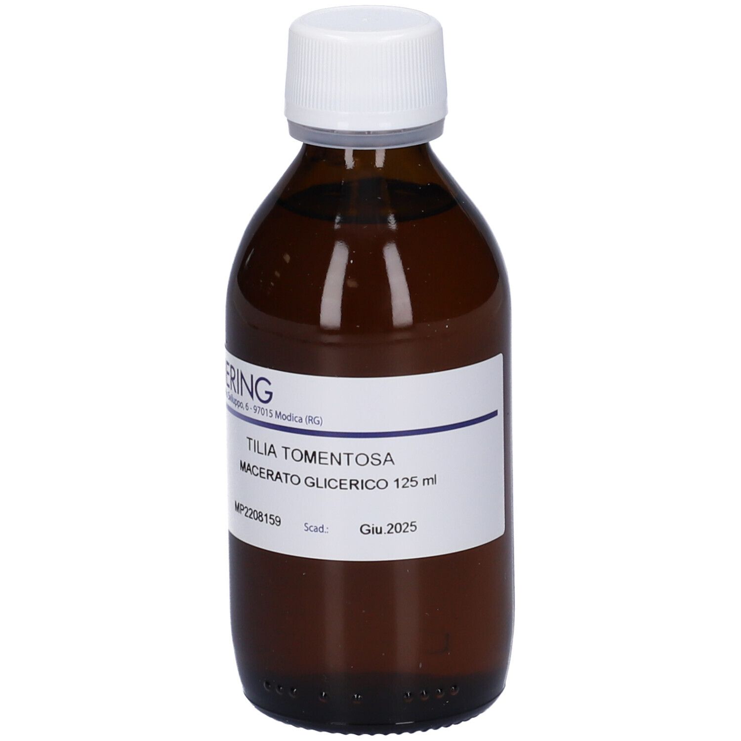 Flacone di vetro marrone con tappo bianco. Etichetta con informazioni sul prodotto. Logo HERING visibile.