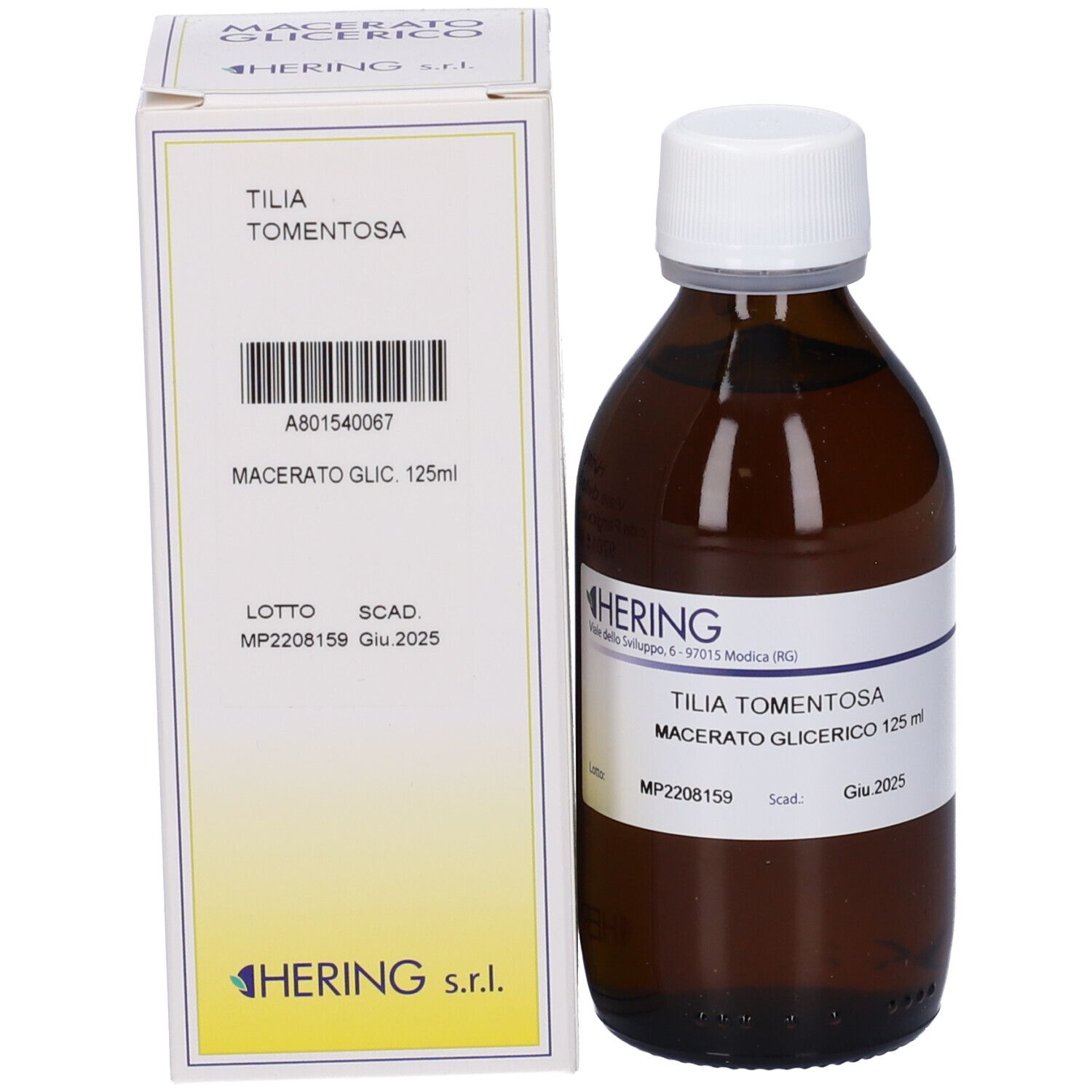 Flacone di vetro marrone con tappo bianco e scatola. Scatola con informazioni sul prodotto e logo HERING.