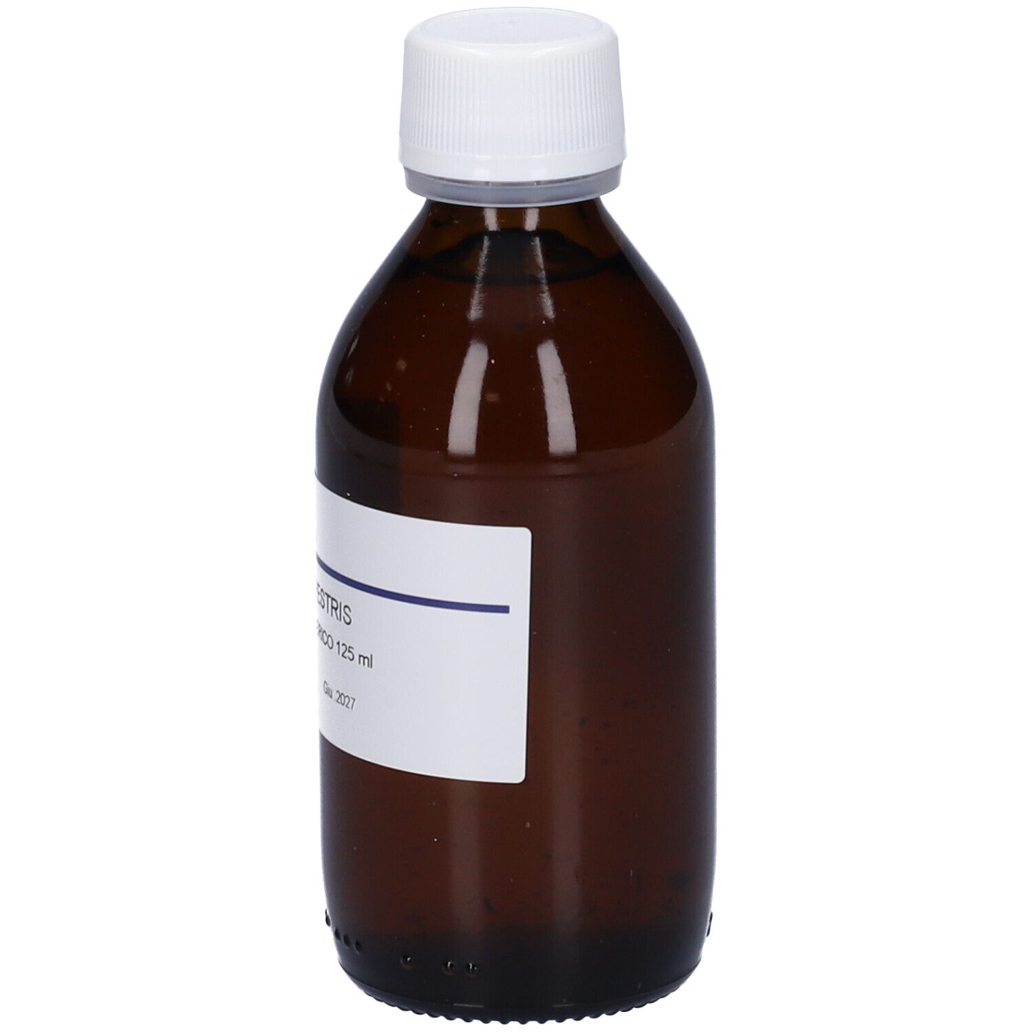 Flacone di vetro marrone con tappo bianco ed etichetta. L'etichetta riporta ULmus Campestris, Macerato Glicerico.