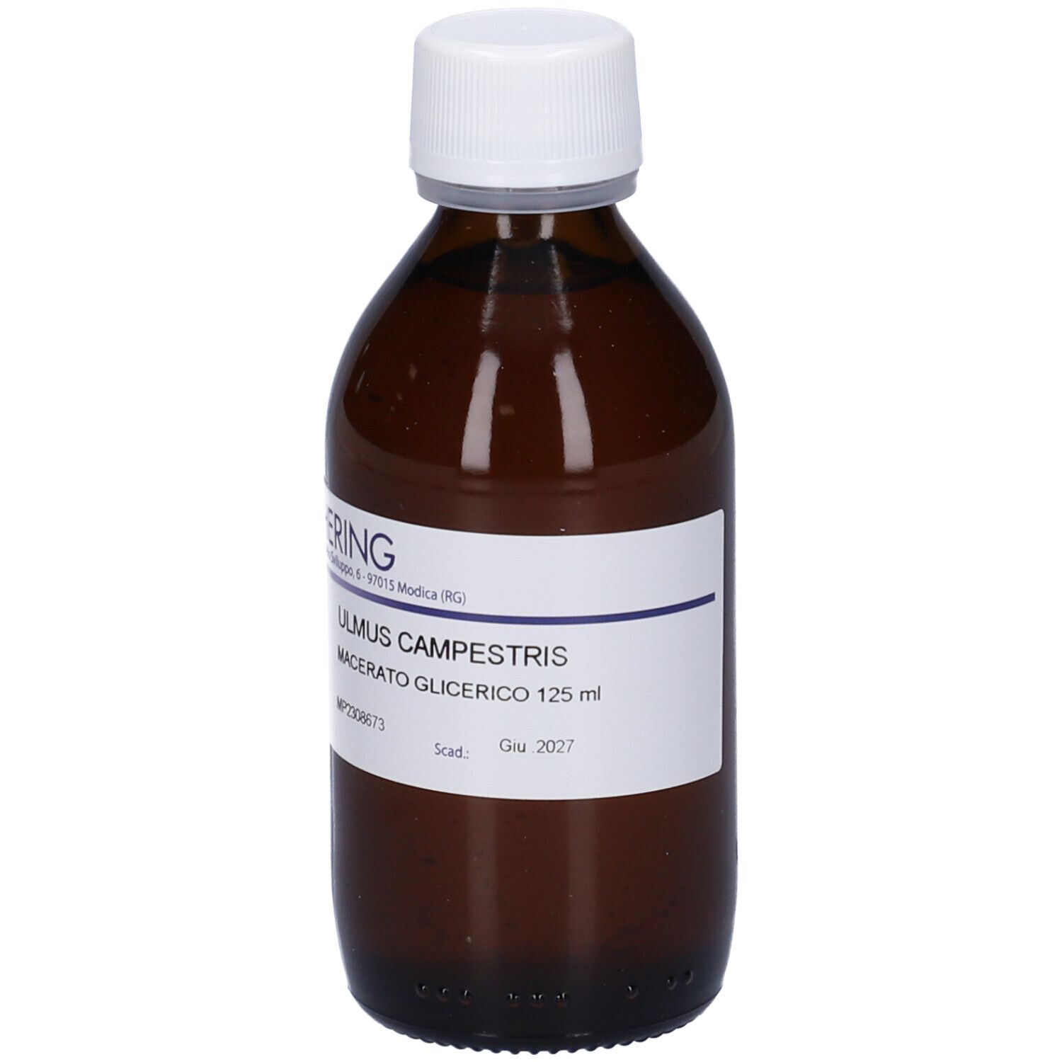 Flacone di vetro marrone con tappo bianco ed etichetta. L'etichetta riporta HERING, ULmus Campestris, Macerato Glicerico.