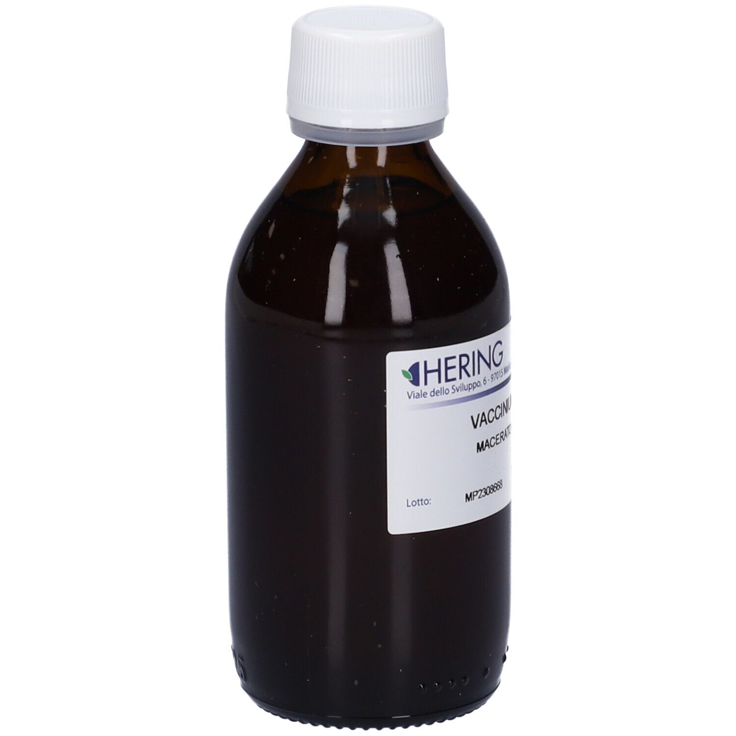 Flacone di vetro marrone con tappo bianco ed etichetta. L'etichetta riporta: Vaccinium Vitis Idaea Macerato Glicerico.