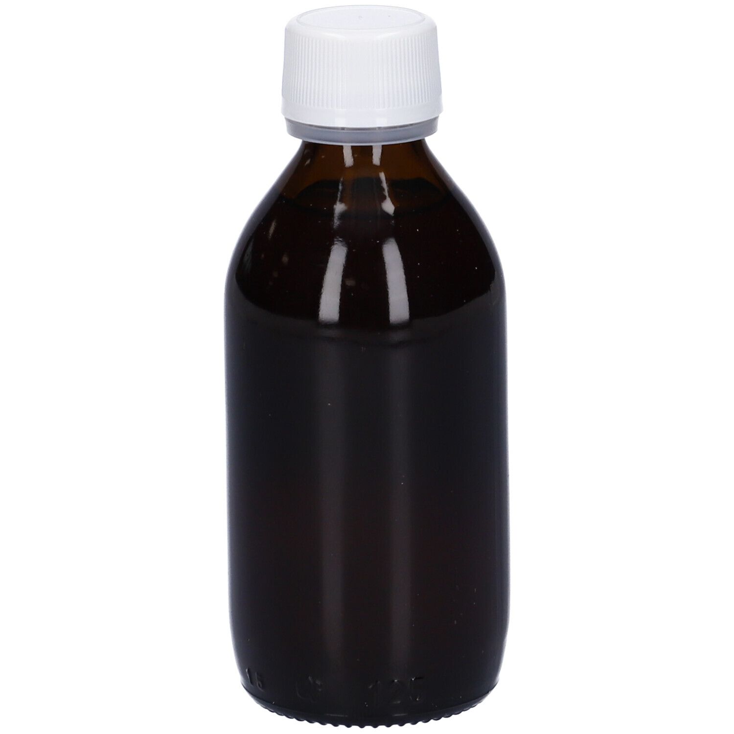 Flacone di vetro marrone con tappo bianco. Nessun altro dettaglio visibile.