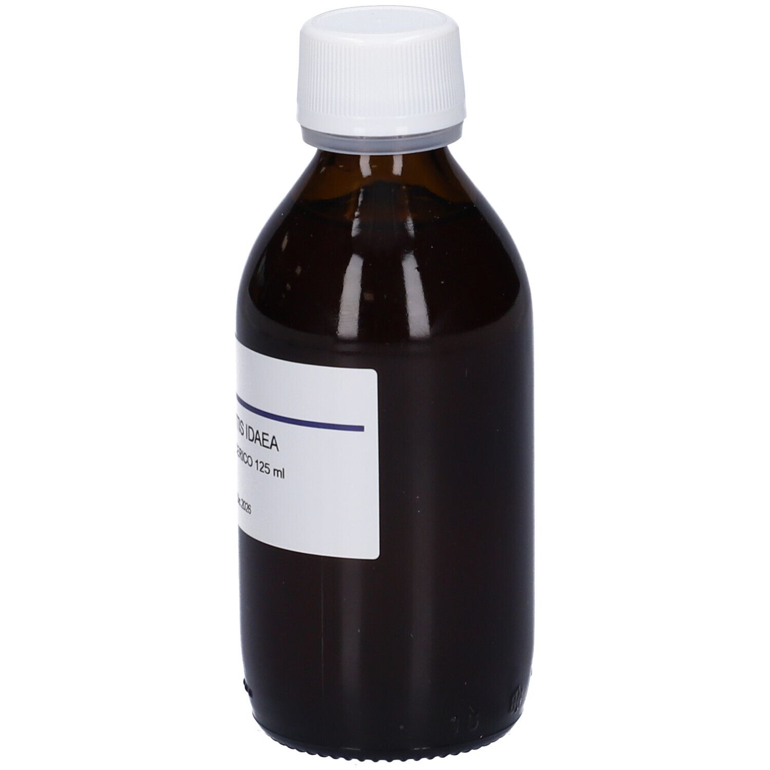 Flacone di vetro marrone con tappo bianco ed etichetta. L'etichetta riporta: Vaccinium Vitis Idaea.