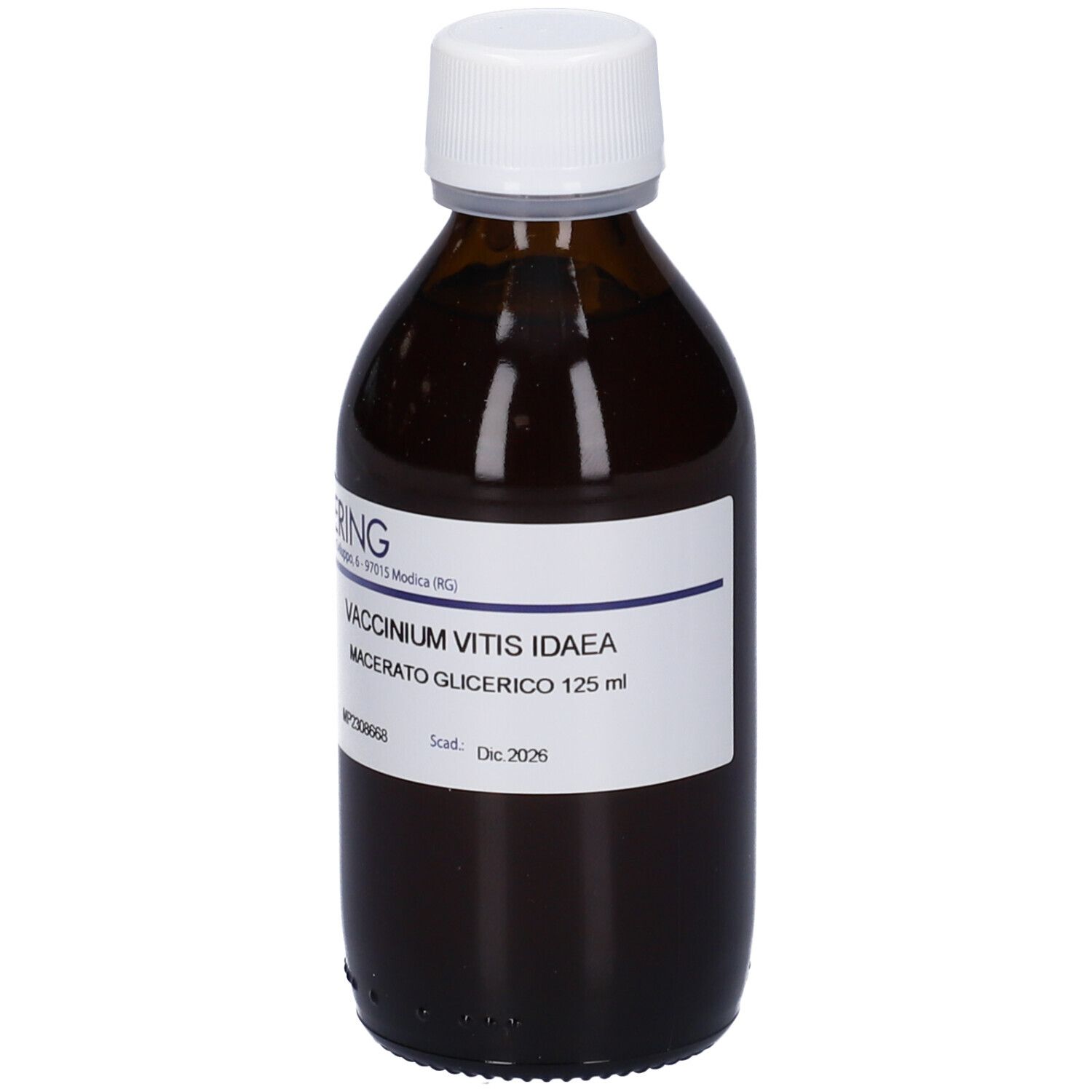 Flacone di vetro marrone con tappo bianco ed etichetta. L'etichetta riporta: Vaccinium Vitis Idaea Macerato Glicerico.