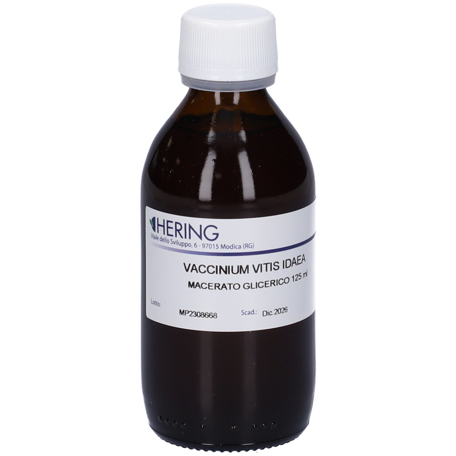 Flacone di vetro marrone con tappo bianco ed etichetta. L'etichetta riporta: Vaccinium Vitis Idaea Macerato Glicerico.