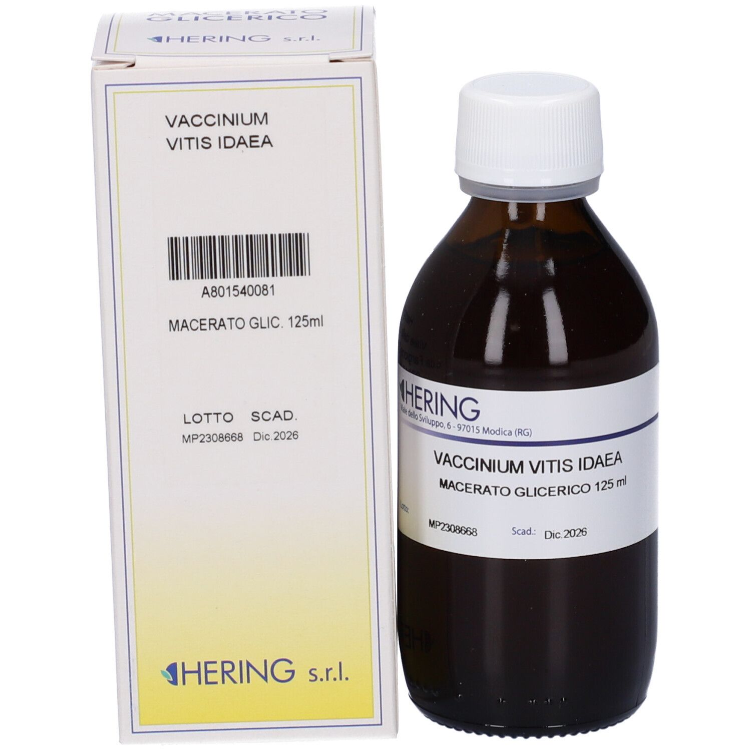 Flacone di vetro marrone con tappo bianco ed etichetta, accanto a una scatola bianca. L'etichetta riporta: Vaccinium Vitis Idaea.