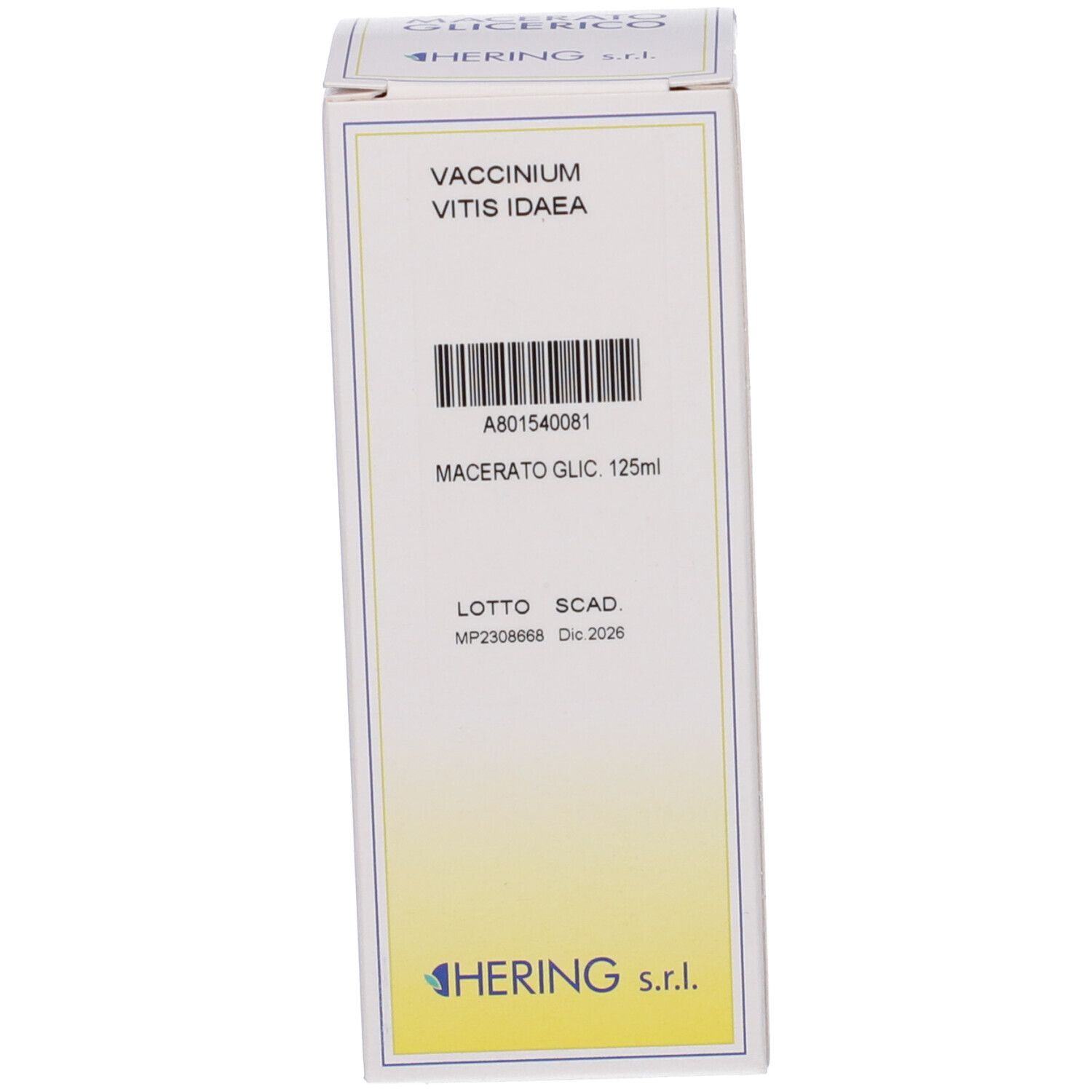 Scatola bianca con informazioni sul prodotto e codice a barre. La scatola riporta: Vaccinium Vitis Idaea.
