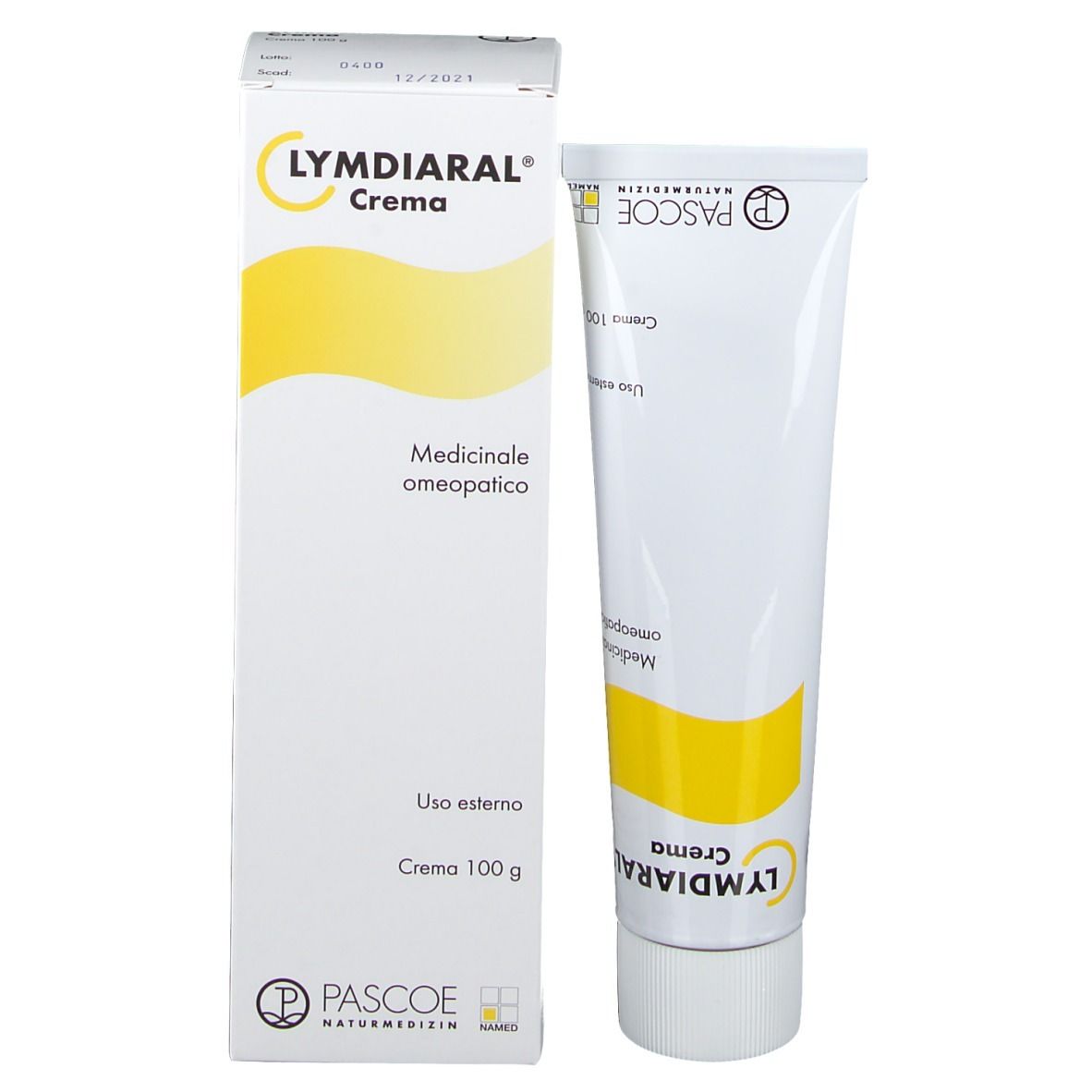 Confezione del prodotto e tubo. Scritta: LYMDIARAL Crema, PASCOE Naturmedizin. Accento giallo.