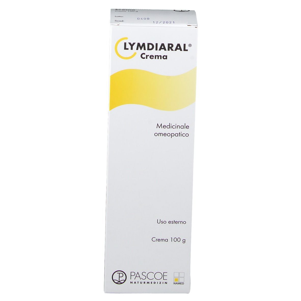 Confezione del prodotto. Scritta: LYMDIARAL Crema, PASCOE Naturmedizin. Accento giallo. Sfondo bianco.