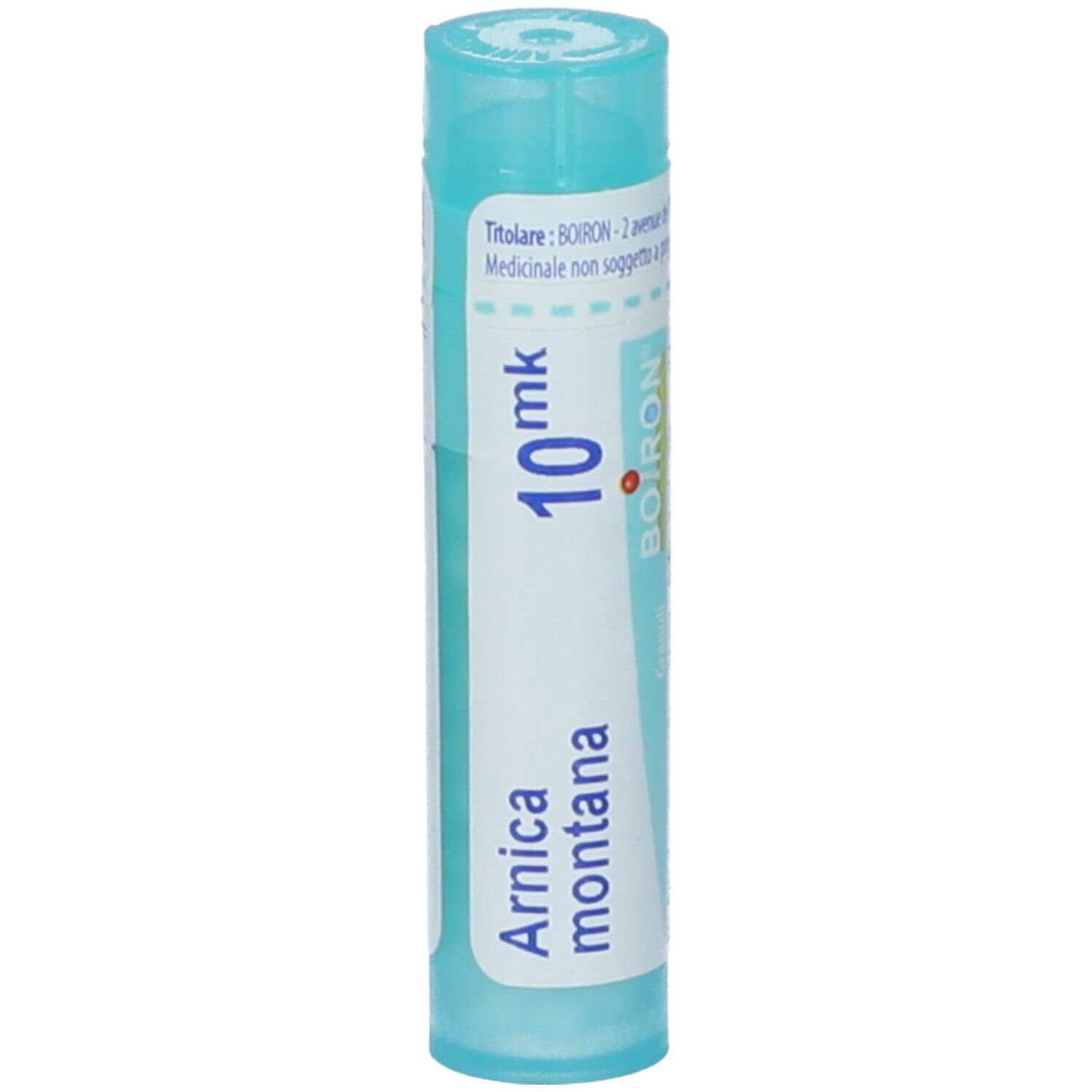 Tubo cilindrico con "Arnica montana" e "10 mk". Marchio BOIRON.