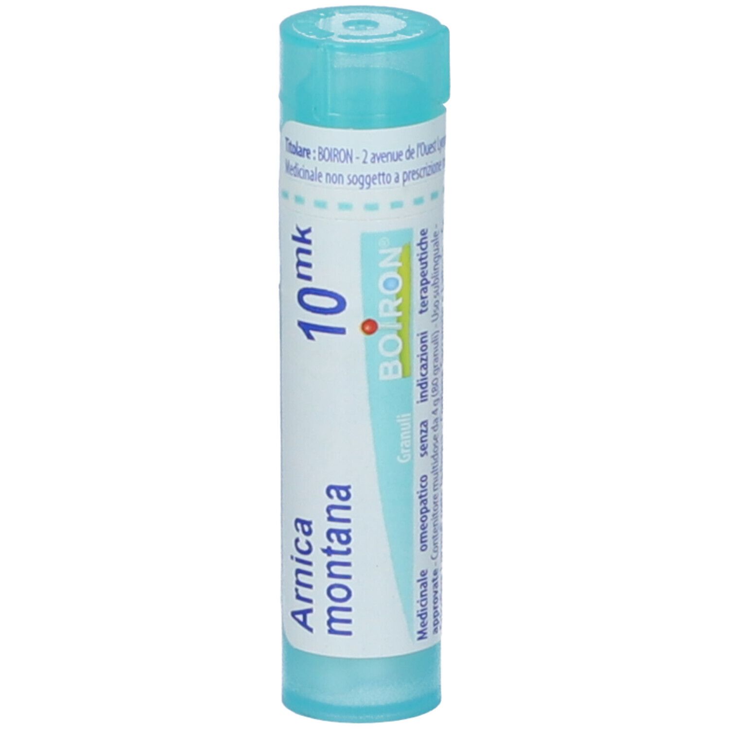 Tubo cilindrico con "Arnica montana" e "10 mk". Marchio BOIRON.