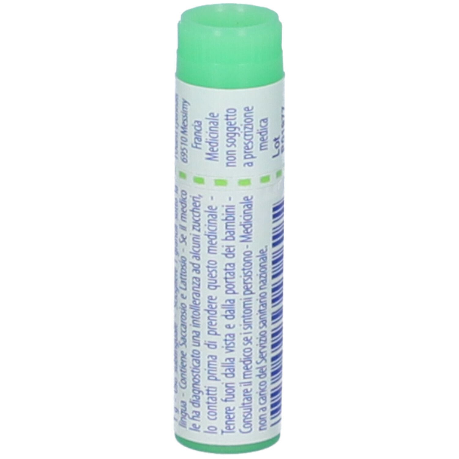 Confezione cilindrica con tappo verde. Testo: Medicinale, non soggetto a prescrizione. Prodotto in Francia.