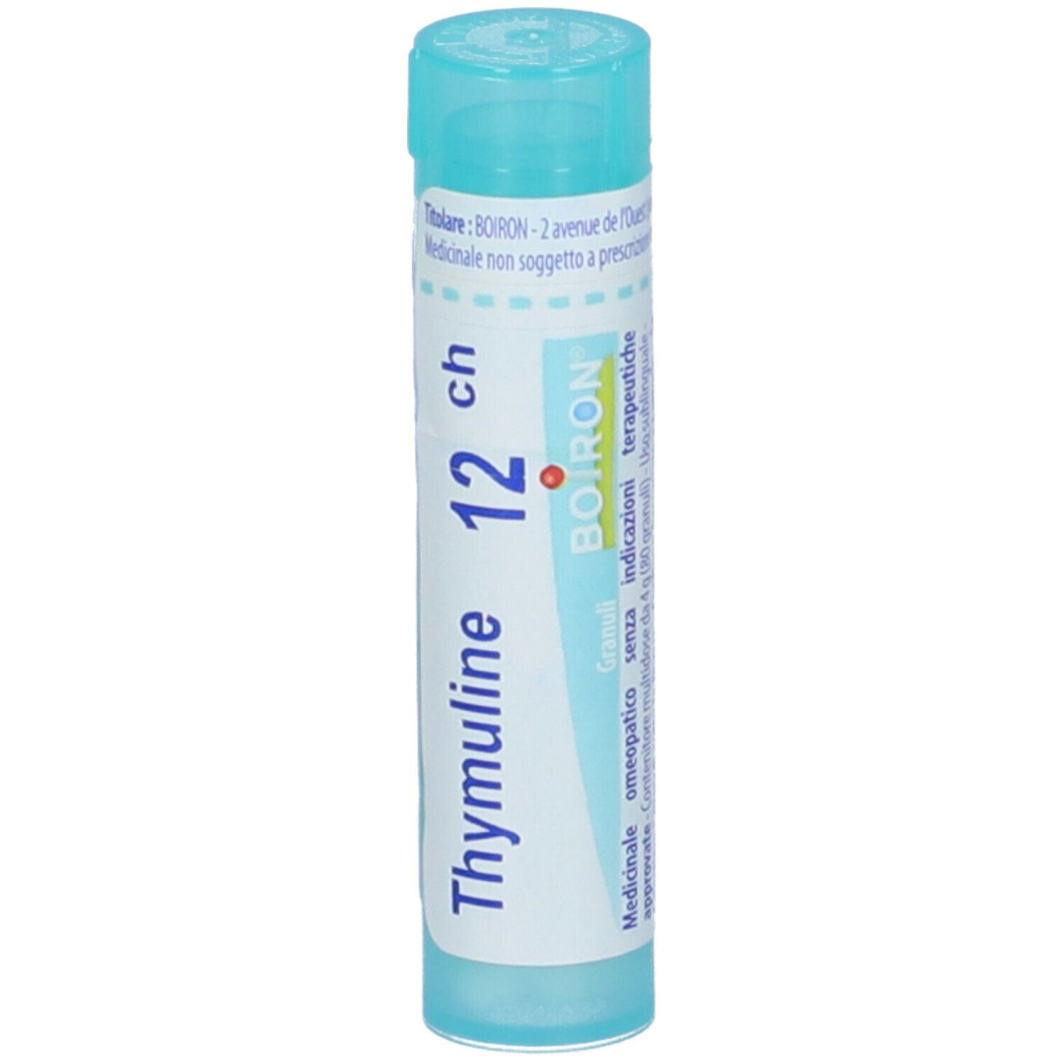 Confezione cilindrica di Thymuline 12 ch Granuli. Scritta blu su sfondo bianco. Tappo blu.