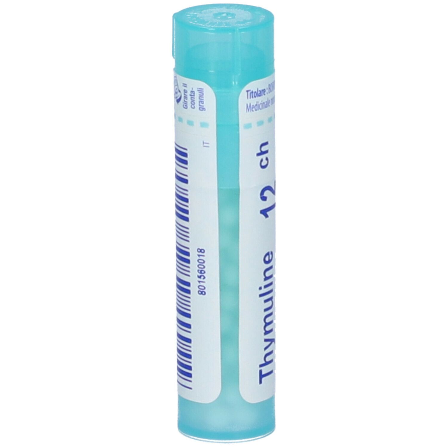 Confezione cilindrica di Thymuline 12 ch Granuli. Scritta blu su sfondo bianco. Tappo blu.