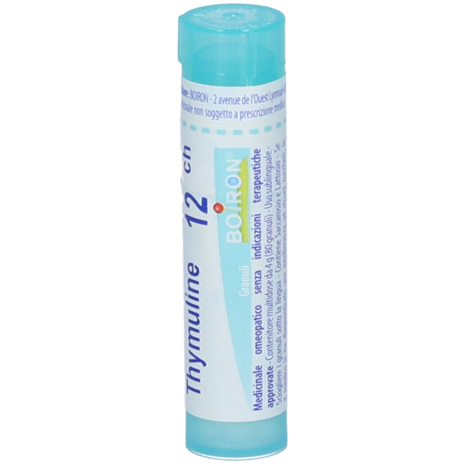 Confezione cilindrica di Thymuline 12 ch Granuli. Scritta blu su sfondo bianco. Tappo blu.