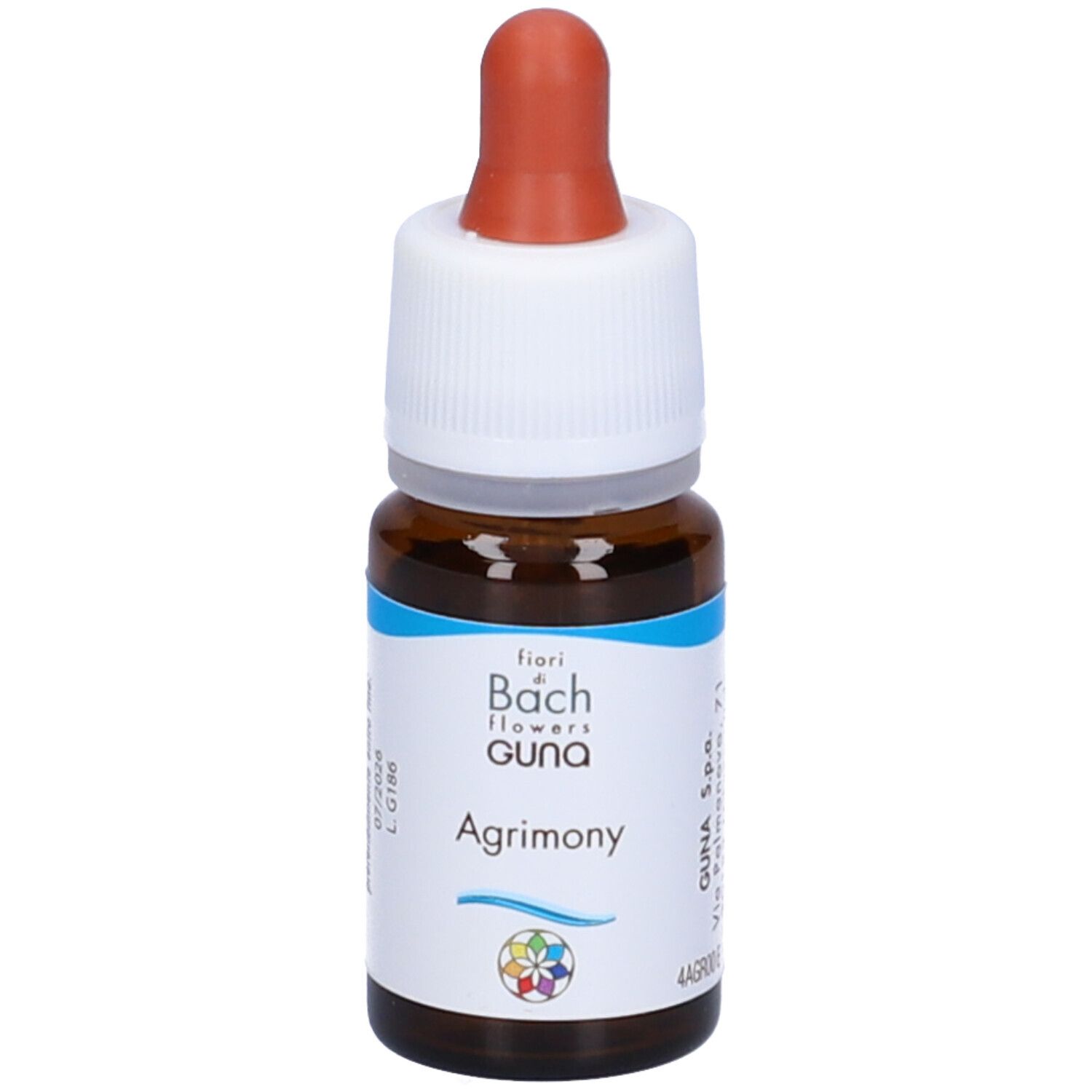 Flacone di vetro marrone con contagocce. Scritta: Agrimony, fiori di Bach Guna. Logo a colori.
