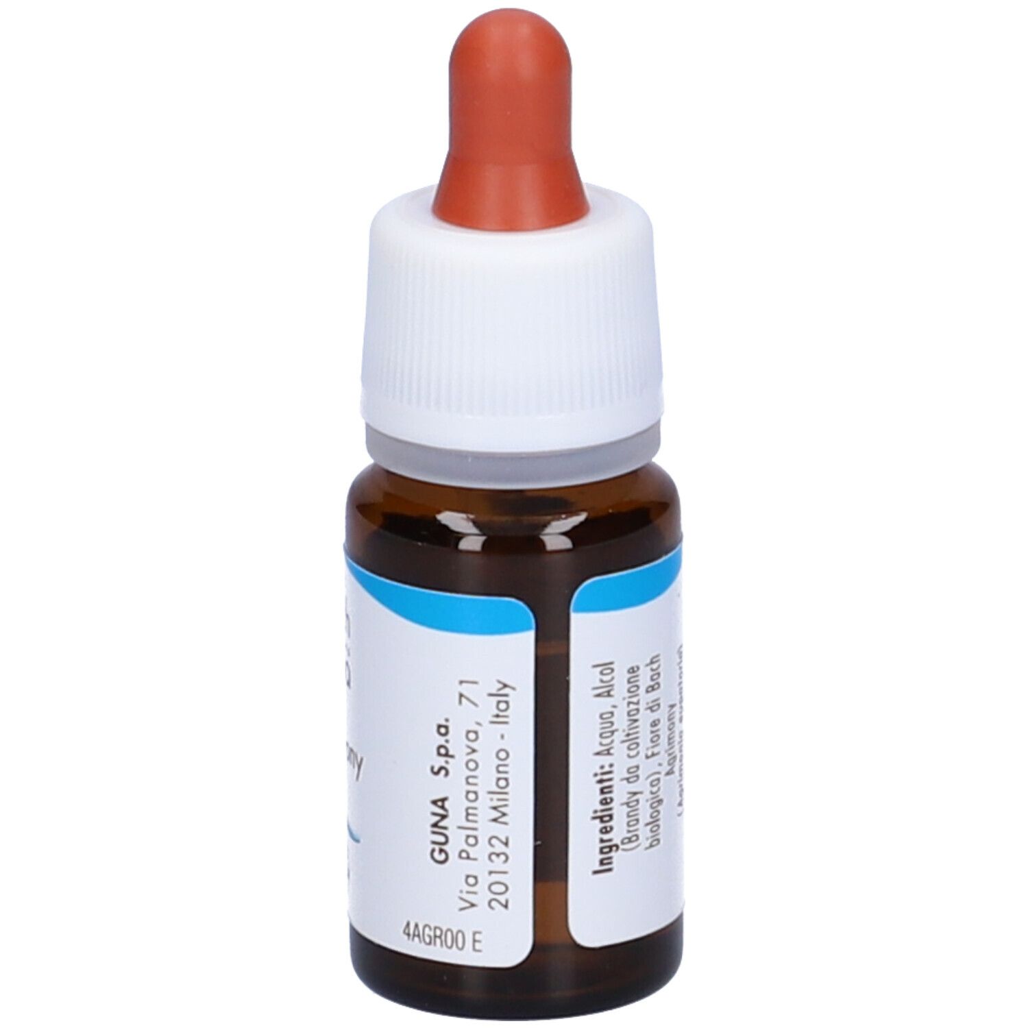 Flacone di vetro marrone con contagocce. Scritta: Agrimony, fiori di Bach Guna. Indirizzo del produttore.