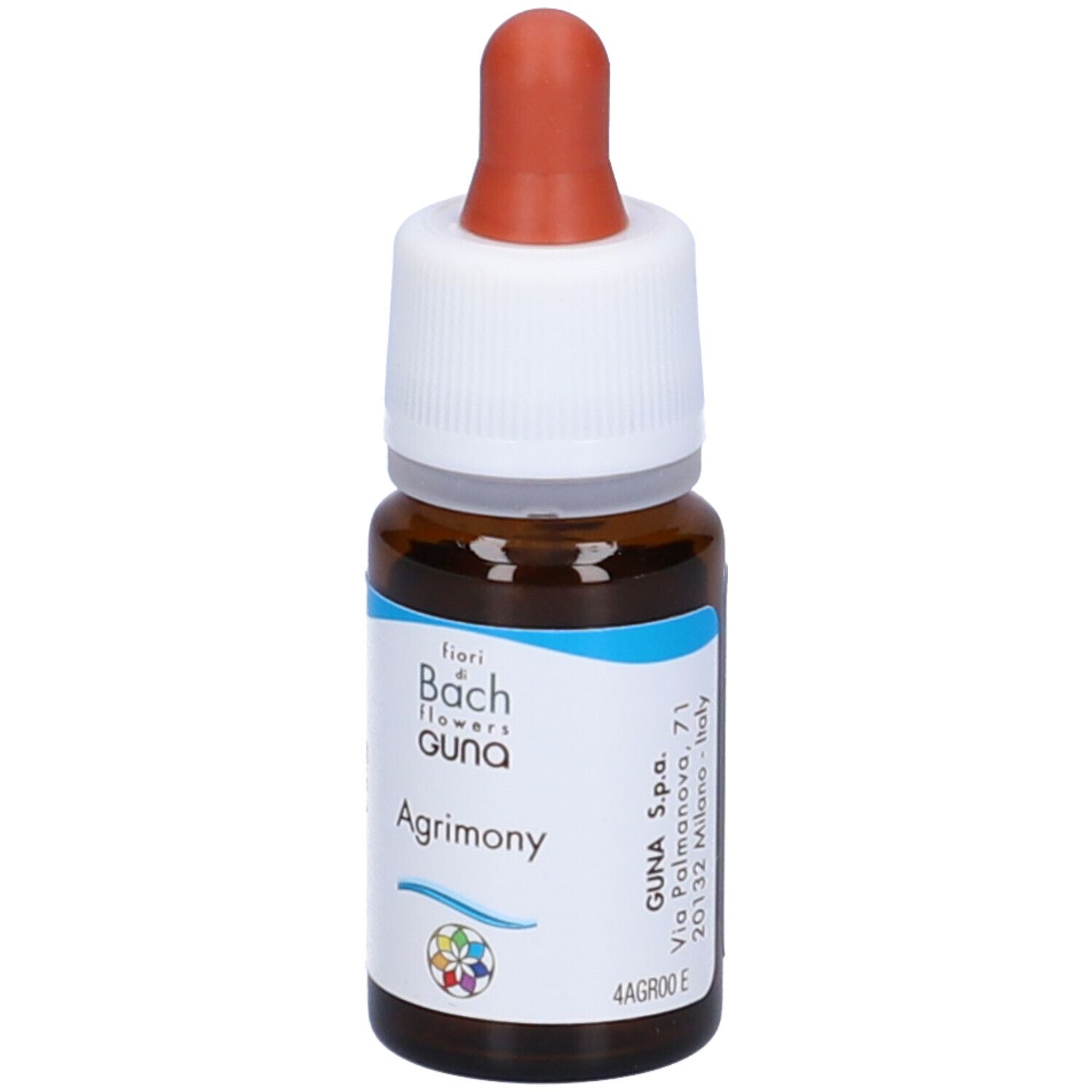 Flacone di vetro marrone con contagocce. Scritta: Agrimony, fiori di Bach Guna. Logo a colori e testo.