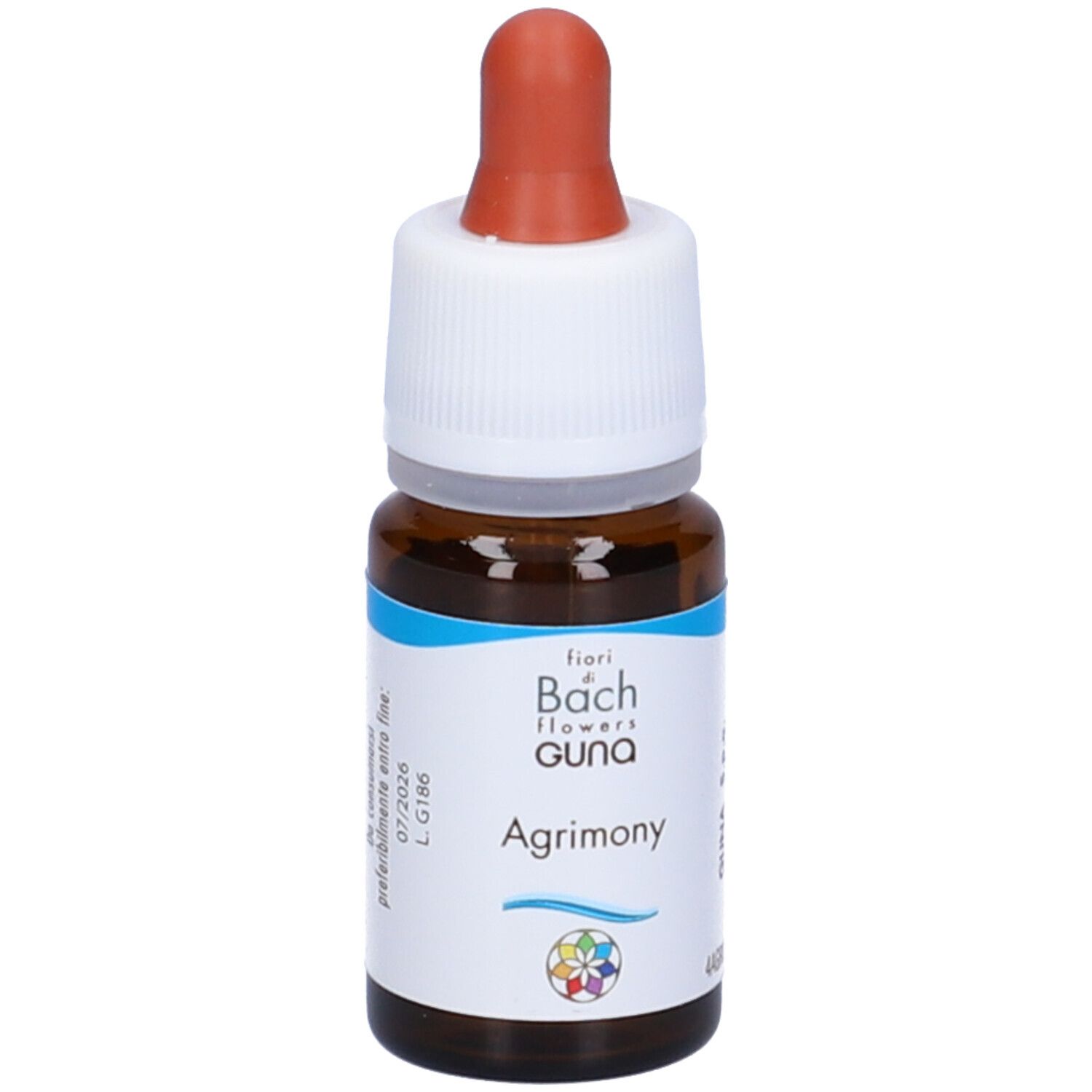 Flacone di vetro marrone con contagocce. Scritta: Agrimony, fiori di Bach Guna. Data di scadenza.