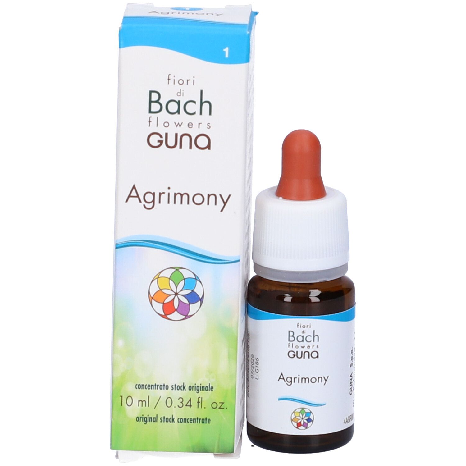 Flacone di vetro marrone con contagocce e confezione. Scritta: Agrimony, fiori di Bach Guna. 10 ml.