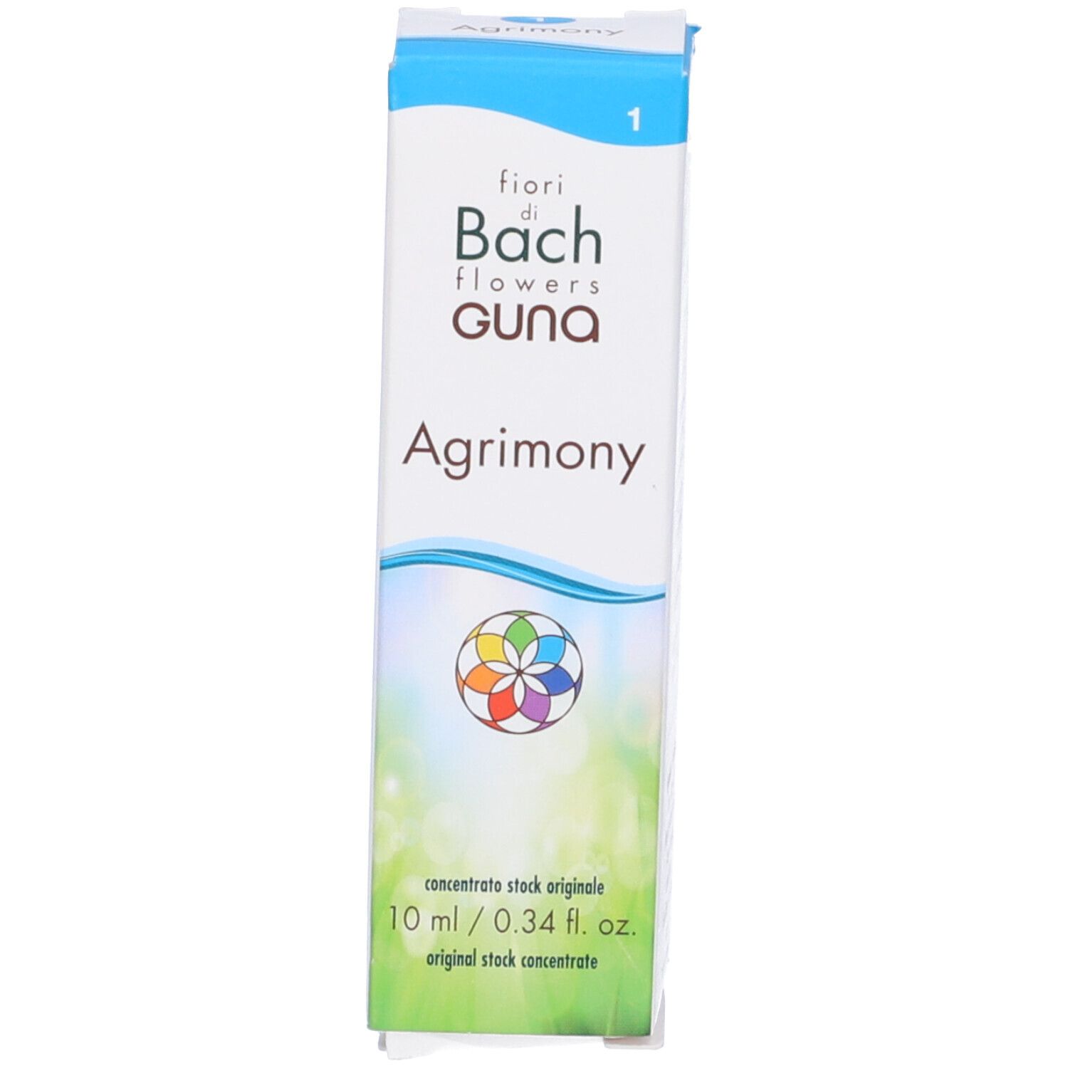 Confezione con scritta: Agrimony, fiori di Bach Guna. 10 ml. Logo a colori. Nome del prodotto.