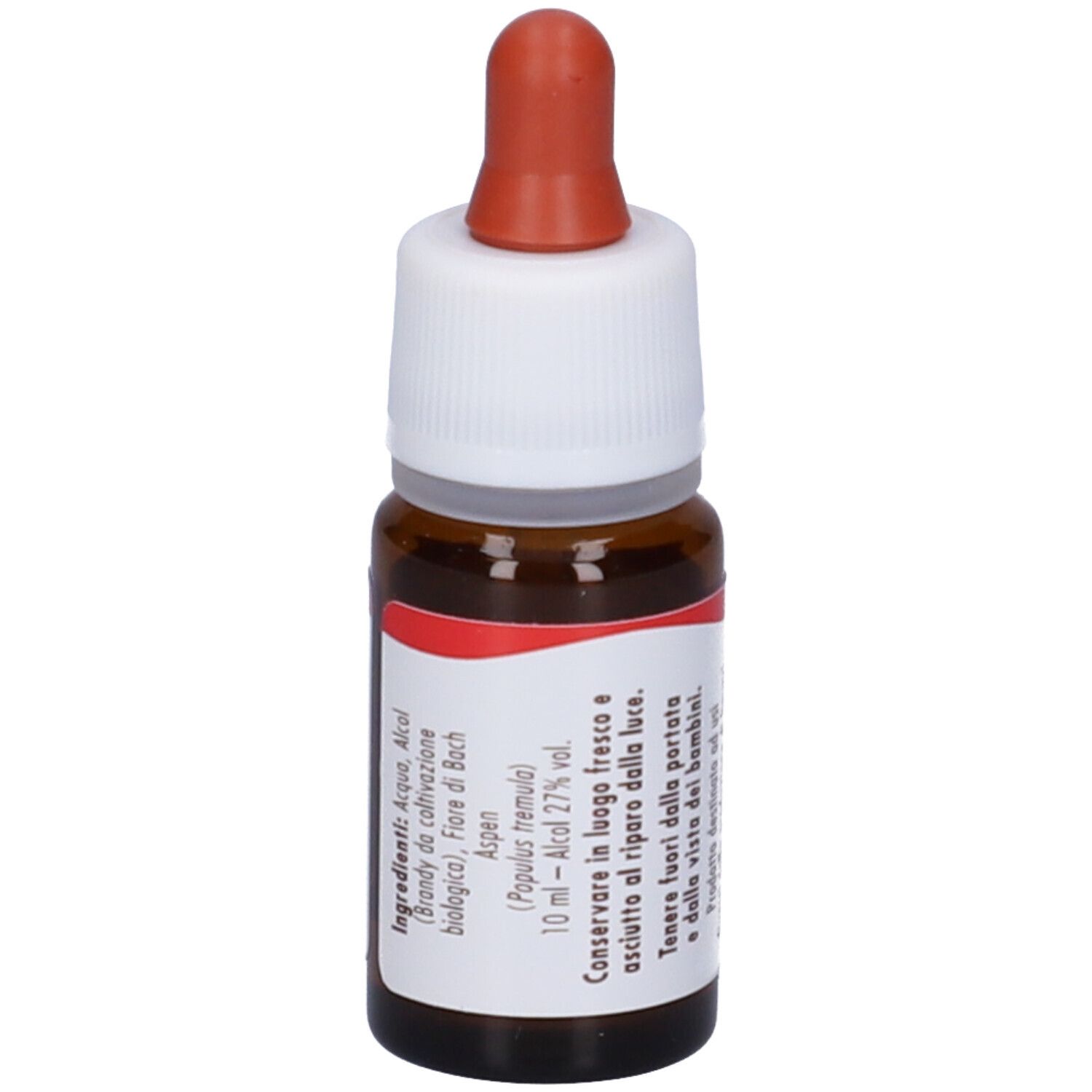 Flacone di vetro marrone con contagocce. Scritta: Aspen, Guna. Etichetta con ingredienti e testo. 10 ml.