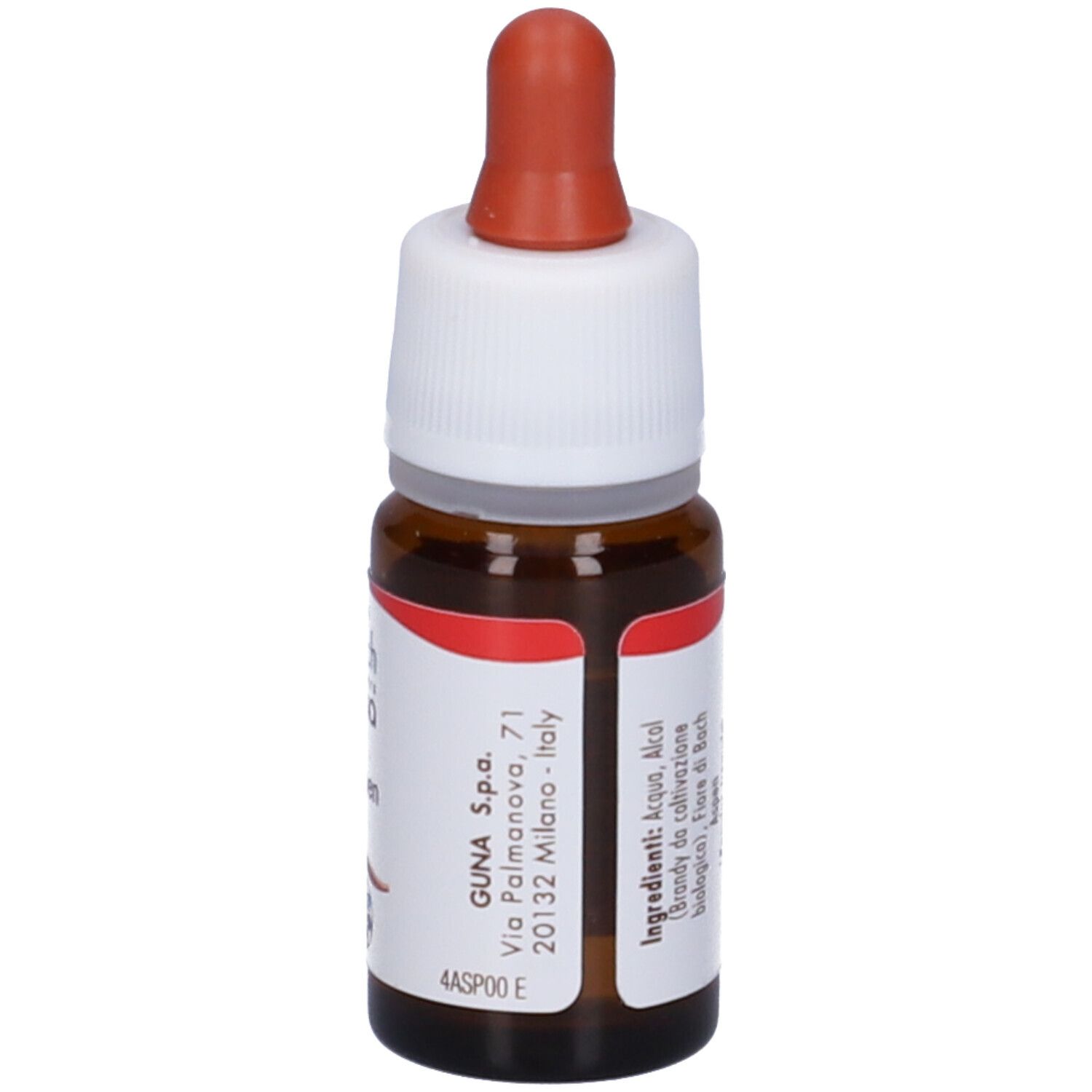 Flacone di vetro marrone con contagocce. Scritta: Aspen, Guna. Etichetta con indirizzo e testo. 10 ml.