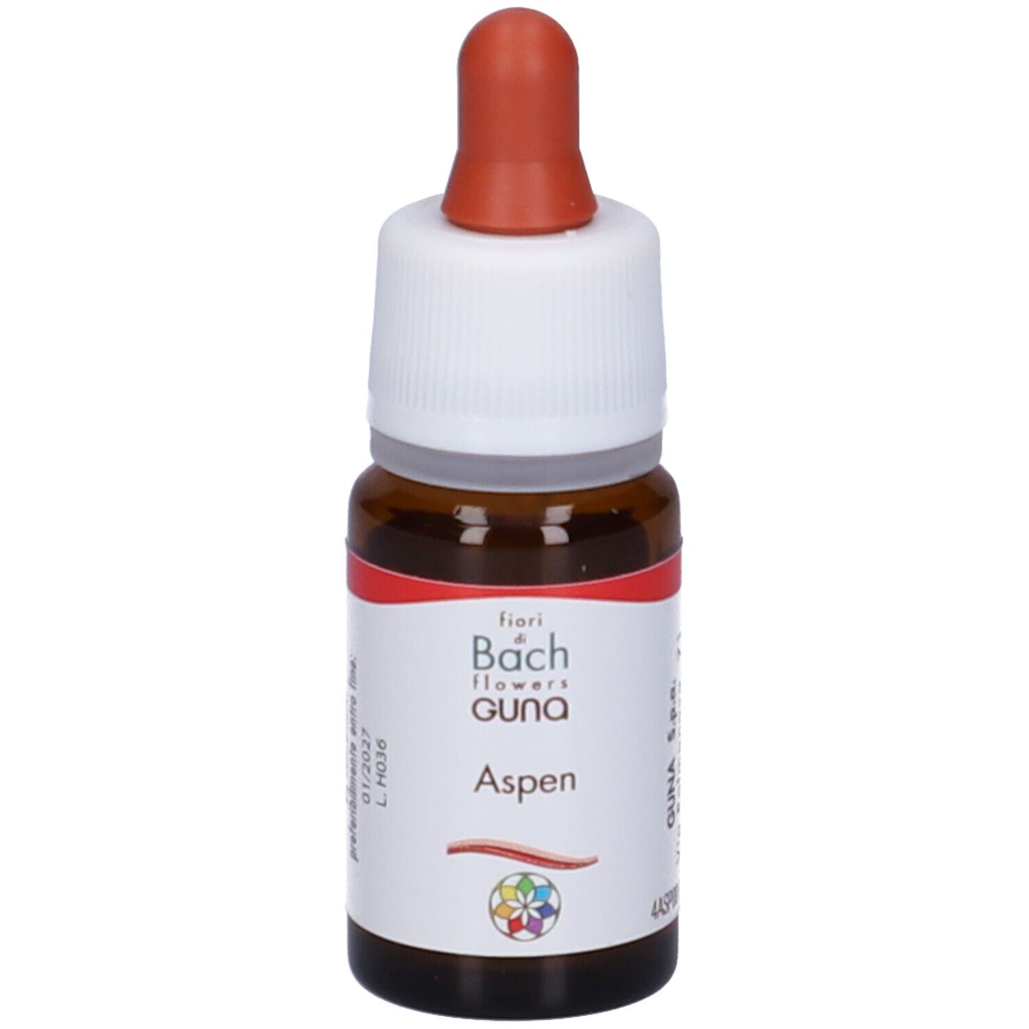 Flacone di vetro marrone con contagocce. Scritta: Aspen, Guna. Etichetta con testo e logo. 10 ml.