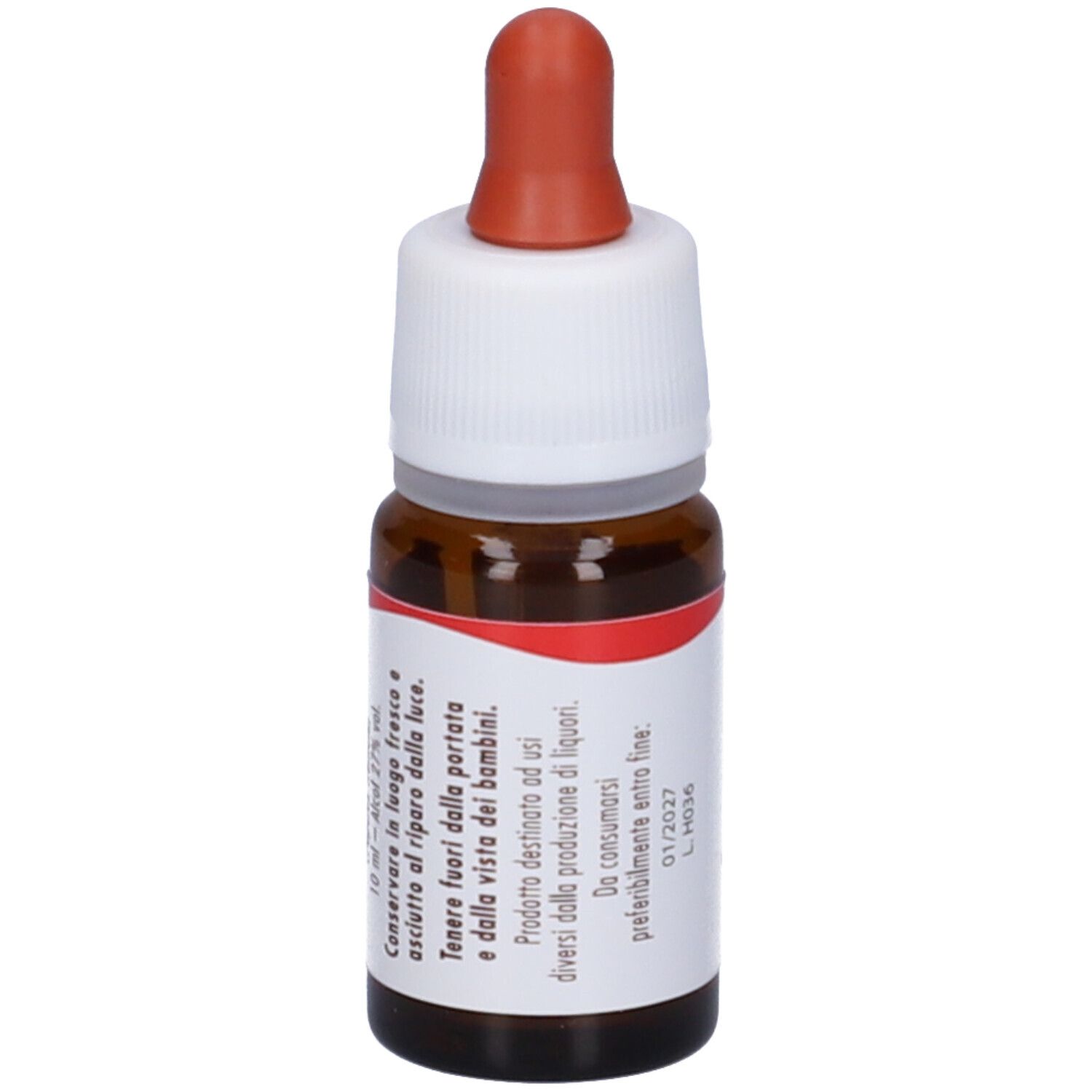 Flacone di vetro marrone con contagocce. Scritta: Aspen, Guna. Etichetta con ingredienti e testo. 10 ml.