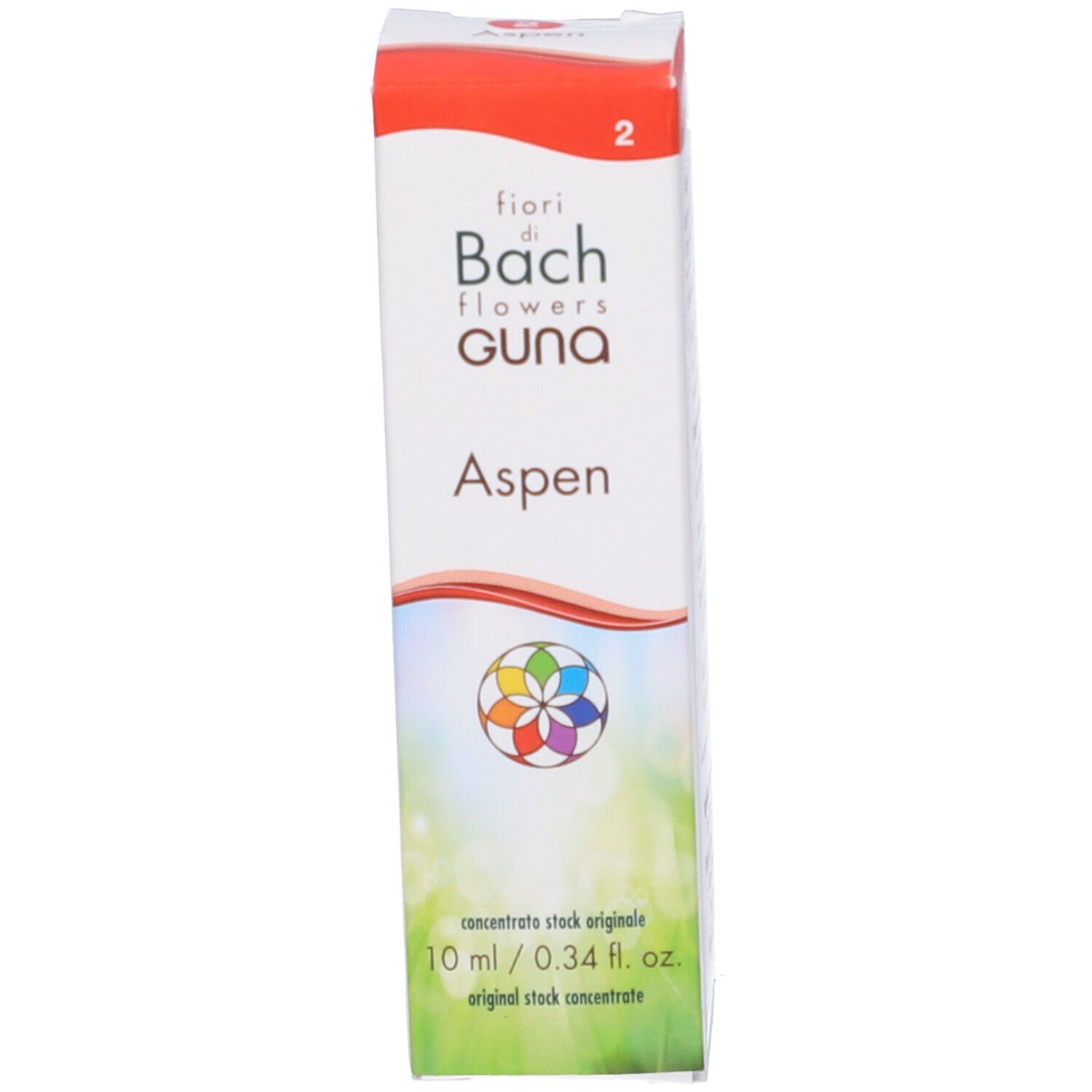 Confezione con scritta: Aspen, Guna, Bach Flowers. 10 ml. Concentrato.