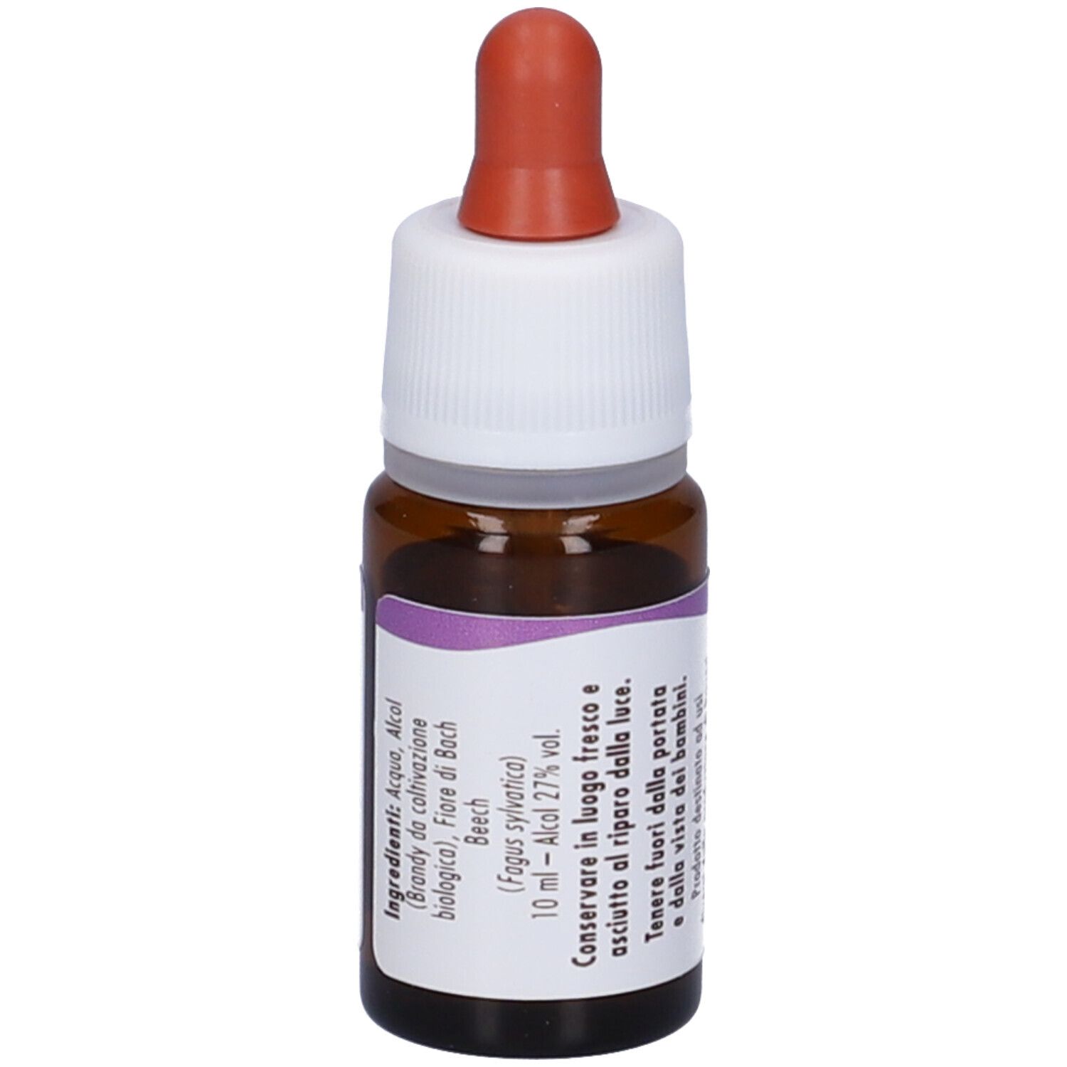 Flacone di vetro marrone con contagocce. Etichetta con testo. Guna, fiori di Bach flowers, Beech. 10 ml.