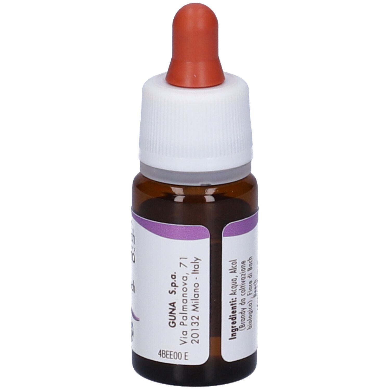 Flacone di vetro marrone con contagocce. Etichetta con testo. Guna, fiori di Bach flowers, Beech. 10 ml.