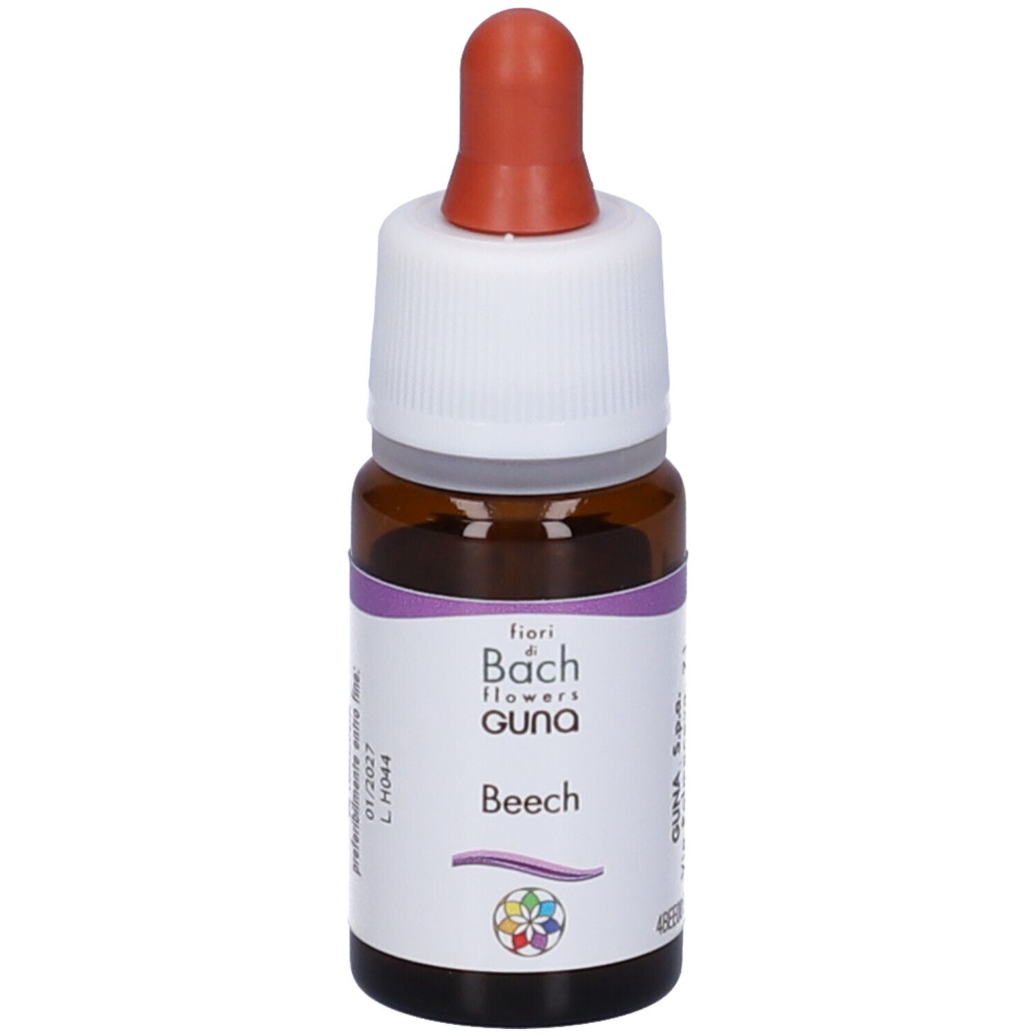 Flacone di vetro marrone con contagocce. Etichetta con testo. Guna, fiori di Bach flowers, Beech. 10 ml.