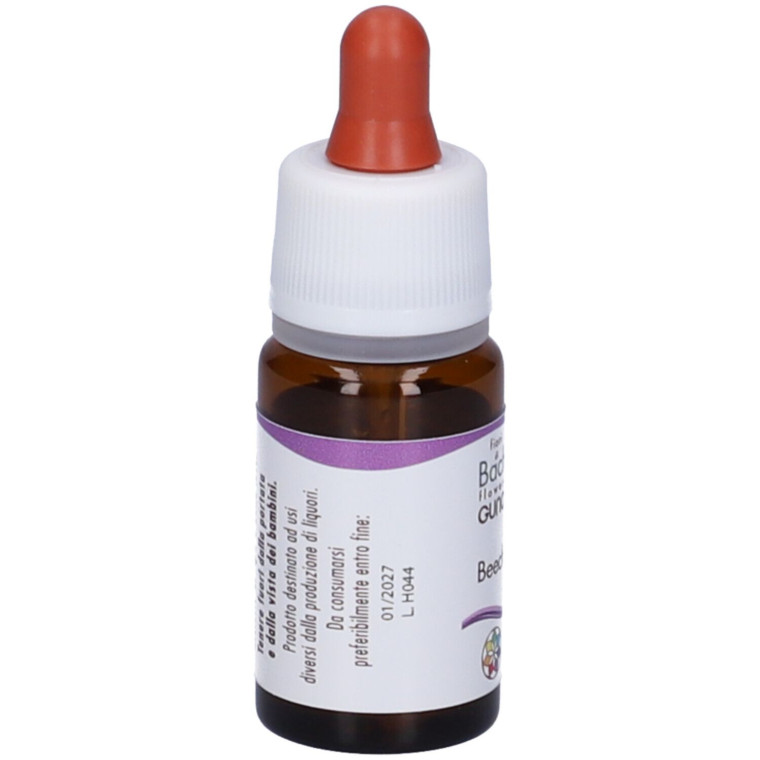 Flacone di vetro marrone con contagocce. Etichetta con testo. Guna, fiori di Bach flowers, Beech. 10 ml.