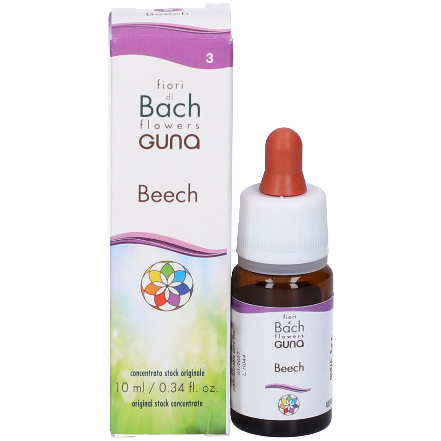 Flacone e scatola in vetro marrone. Guna Beech Gocce. 10 ml. fiori di Bach flowers. Flacone e confezione.