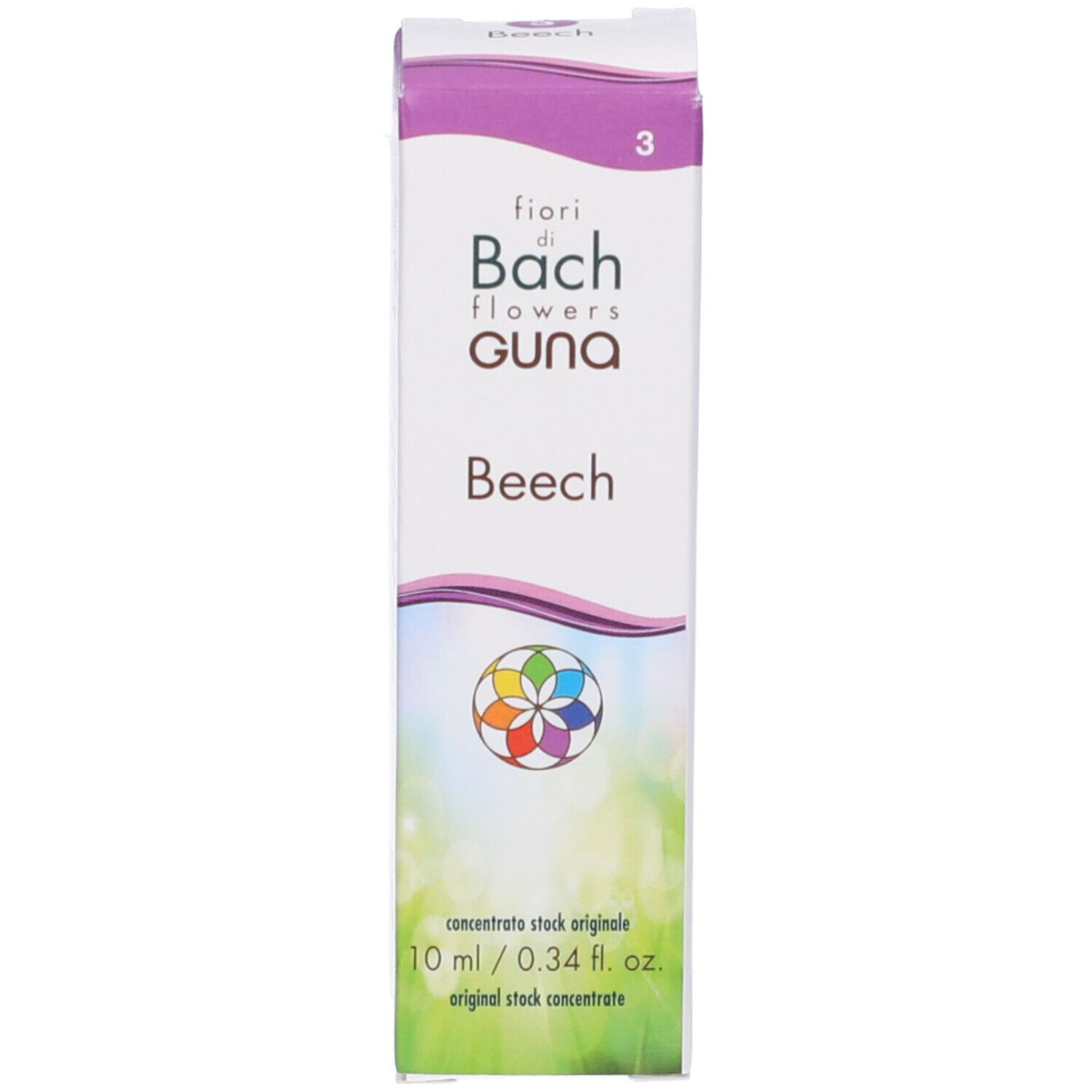 Scatola Guna Beech Gocce. Bianca, viola e verde. Testo: fiori di Bach flowers, Beech, 10 ml.